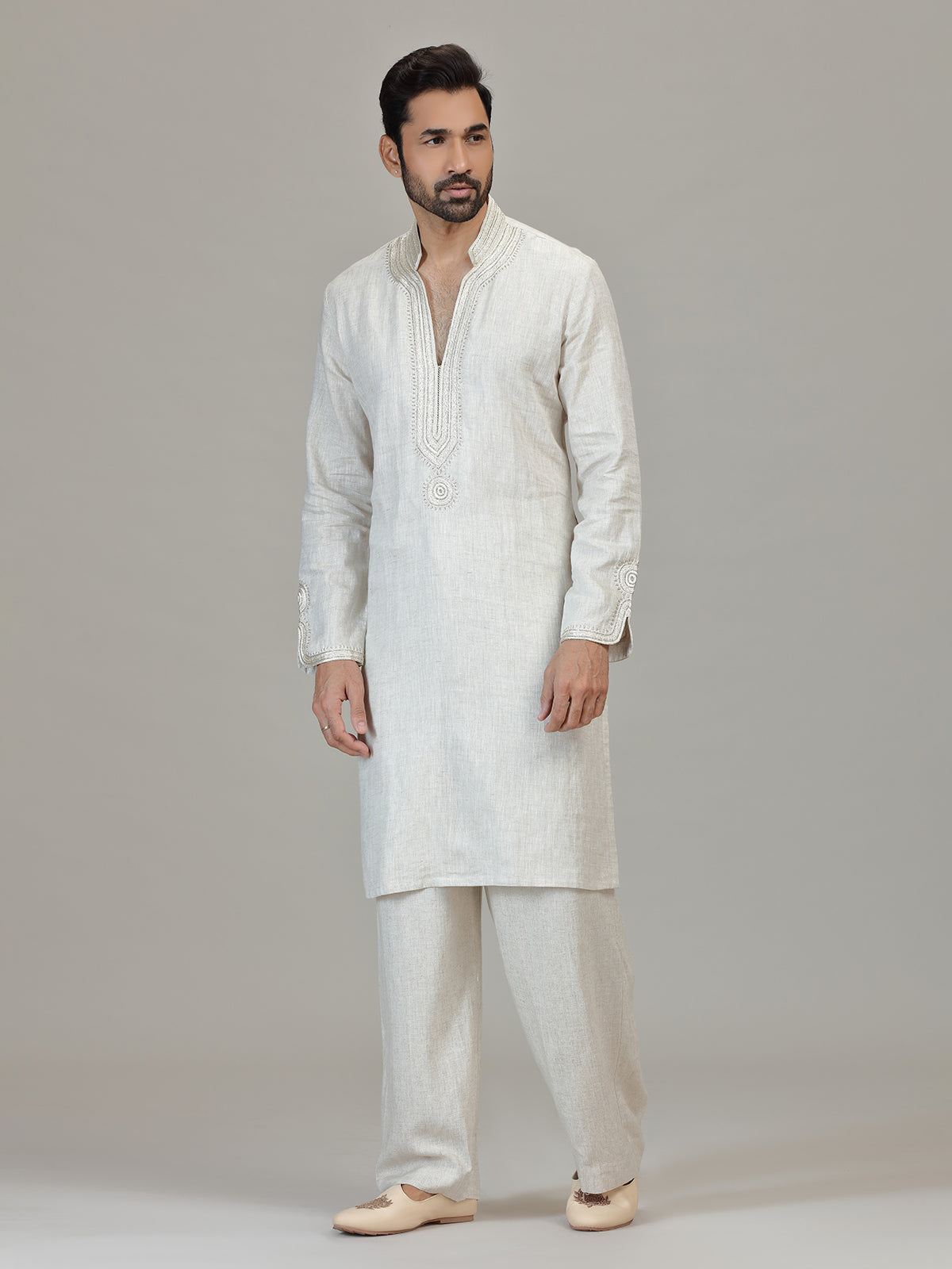White cutdana detailed mandarin elegance outfit
