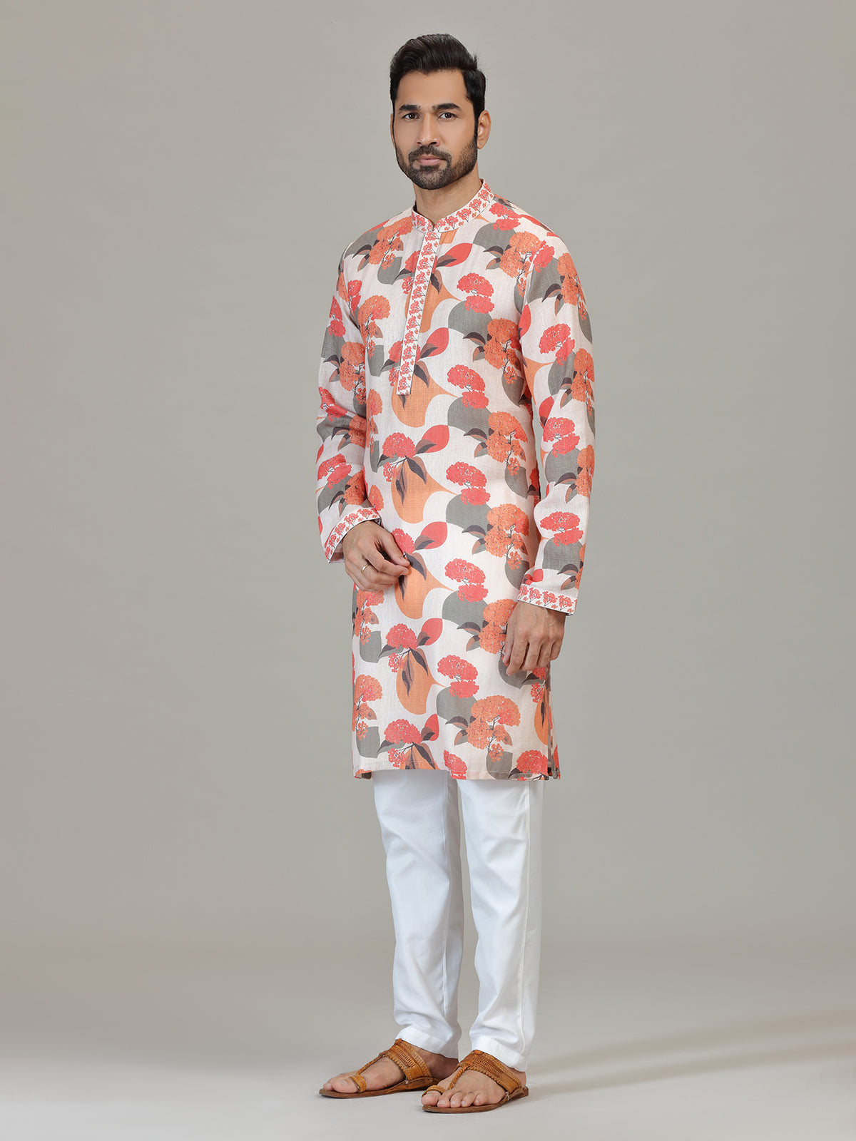 Off white floral printed ethnic kurta pajama for men