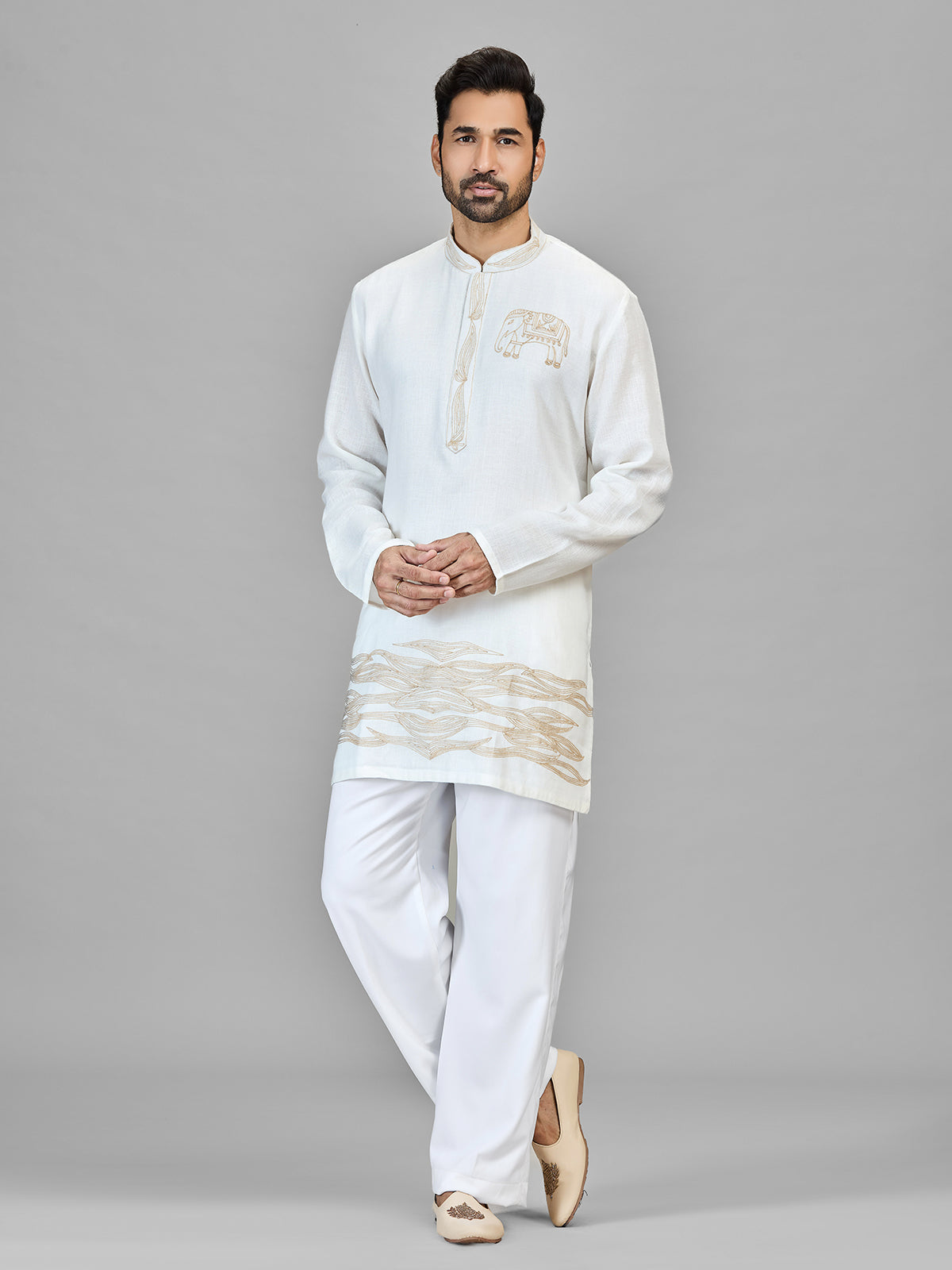 Off white elephant motif ethnic kurta suit for men