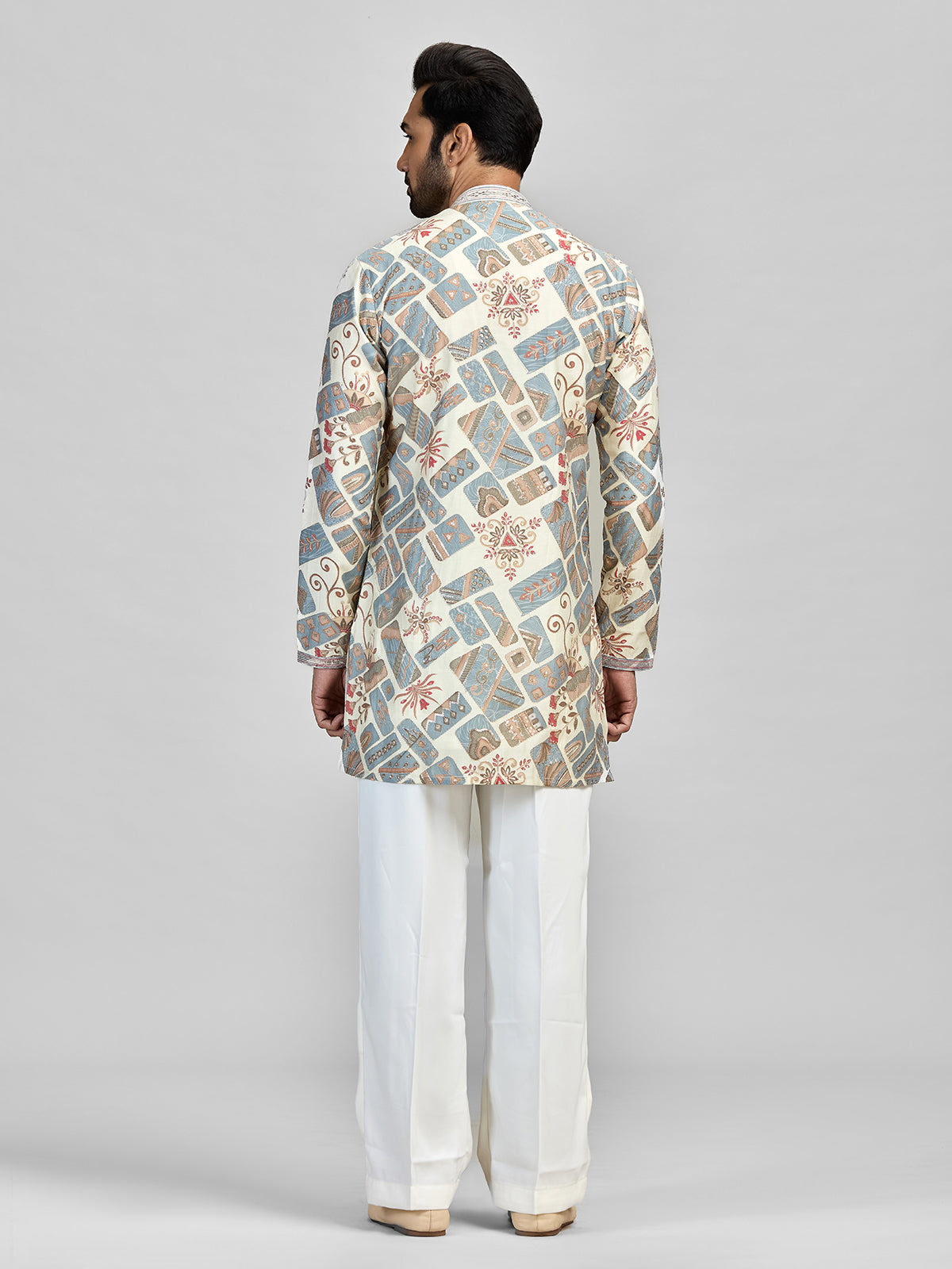 Cream grey abstract printed silk kurta suit for men