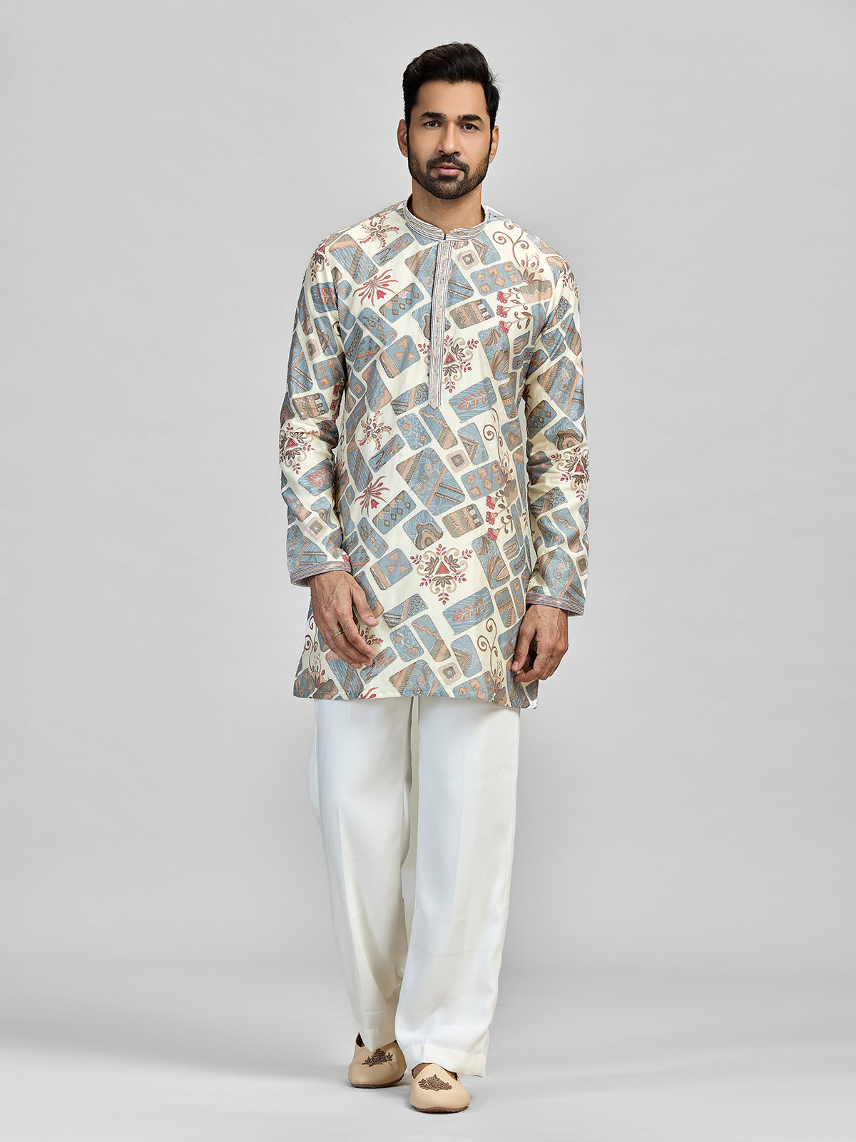 Cream grey abstract printed silk kurta suit for men