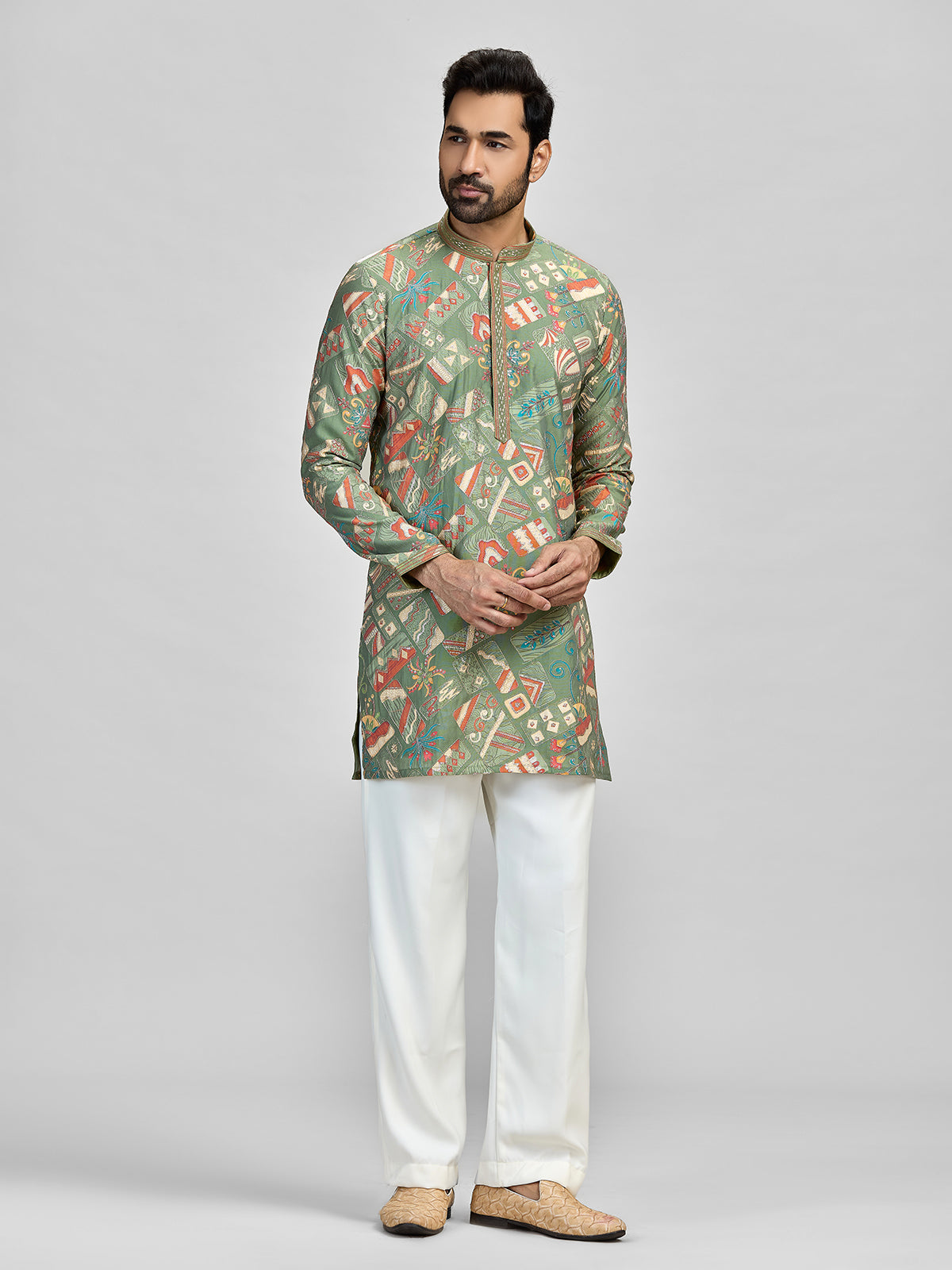 Green vibrant festive silk kurta set for gentlemen