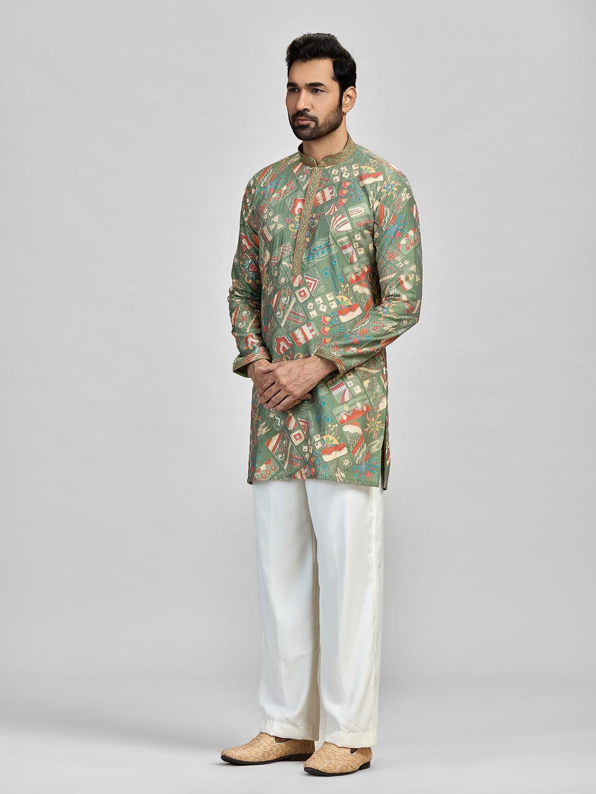 Green vibrant festive silk kurta set for gentlemen
