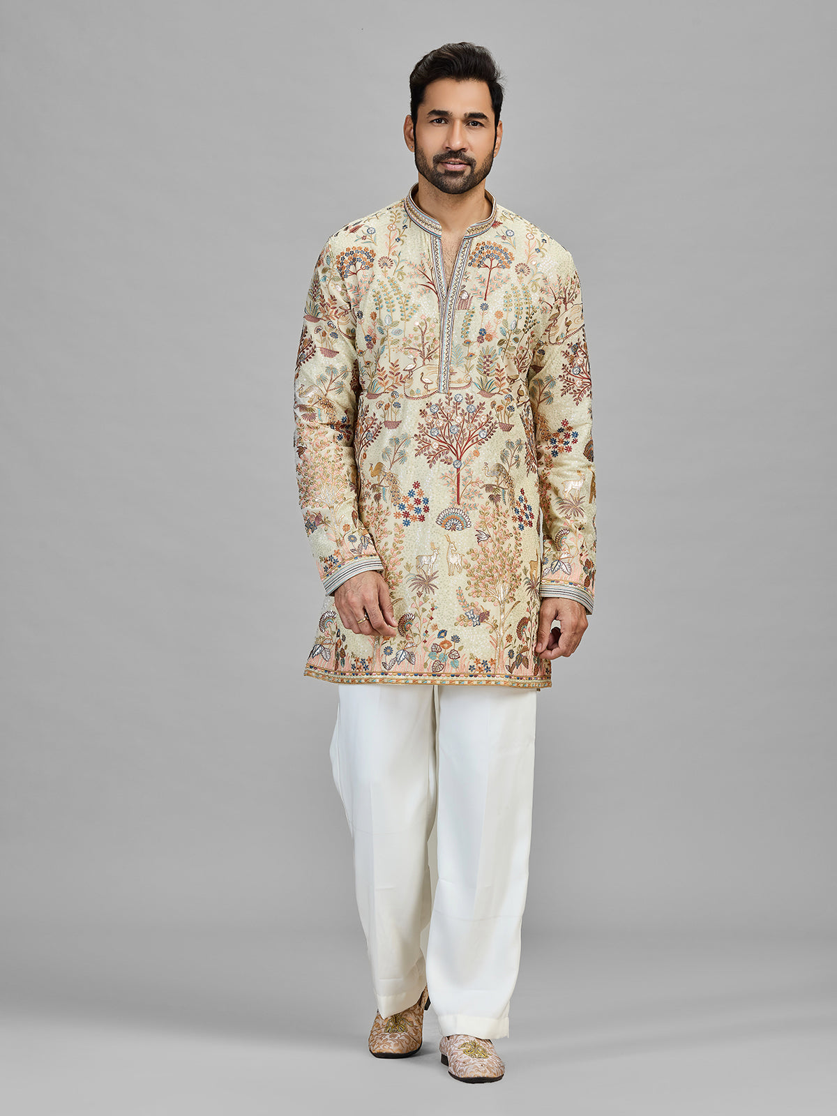Beige garden theme designer kurta set for gentlemen