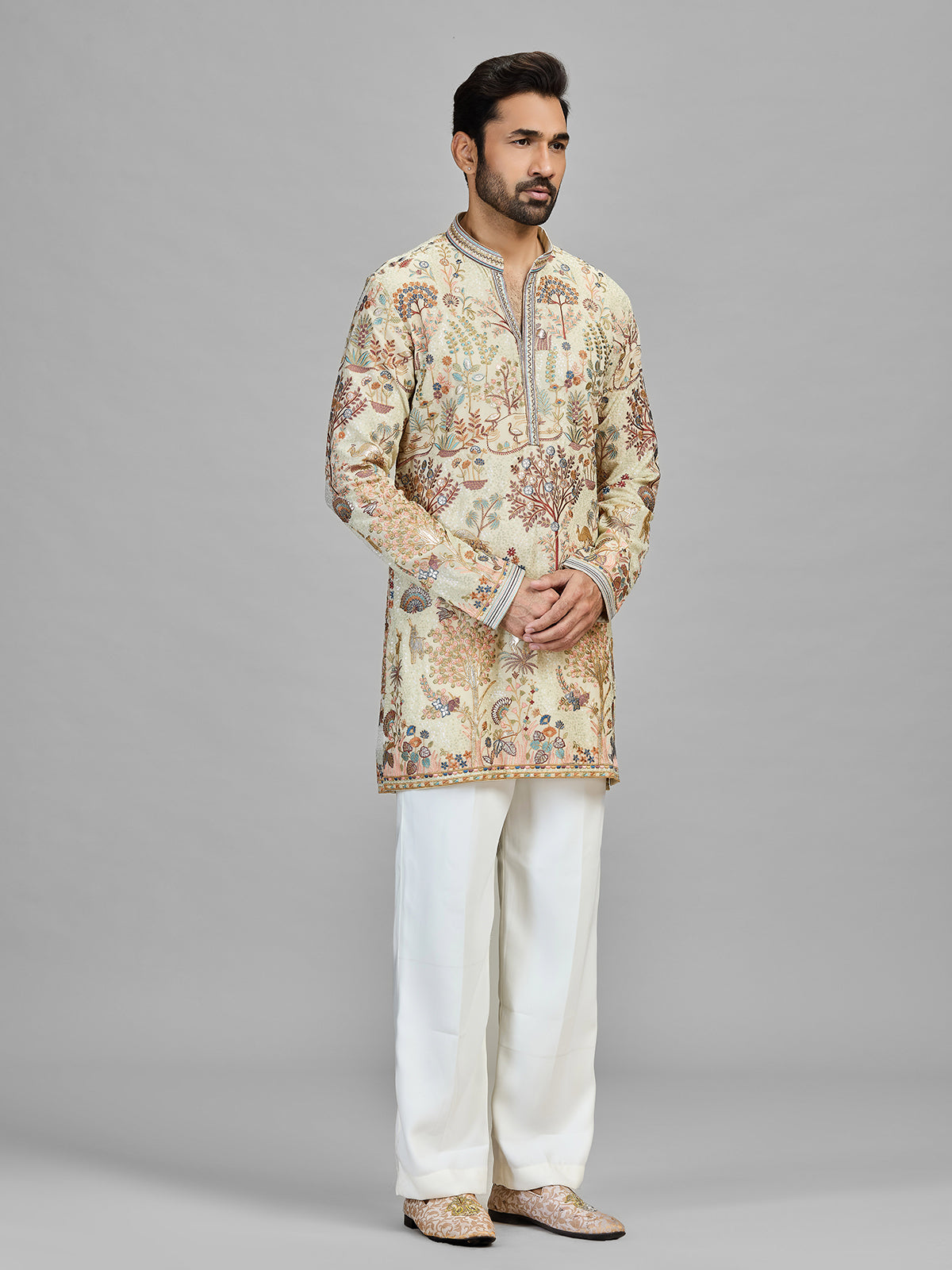Beige garden theme designer kurta set for gentlemen