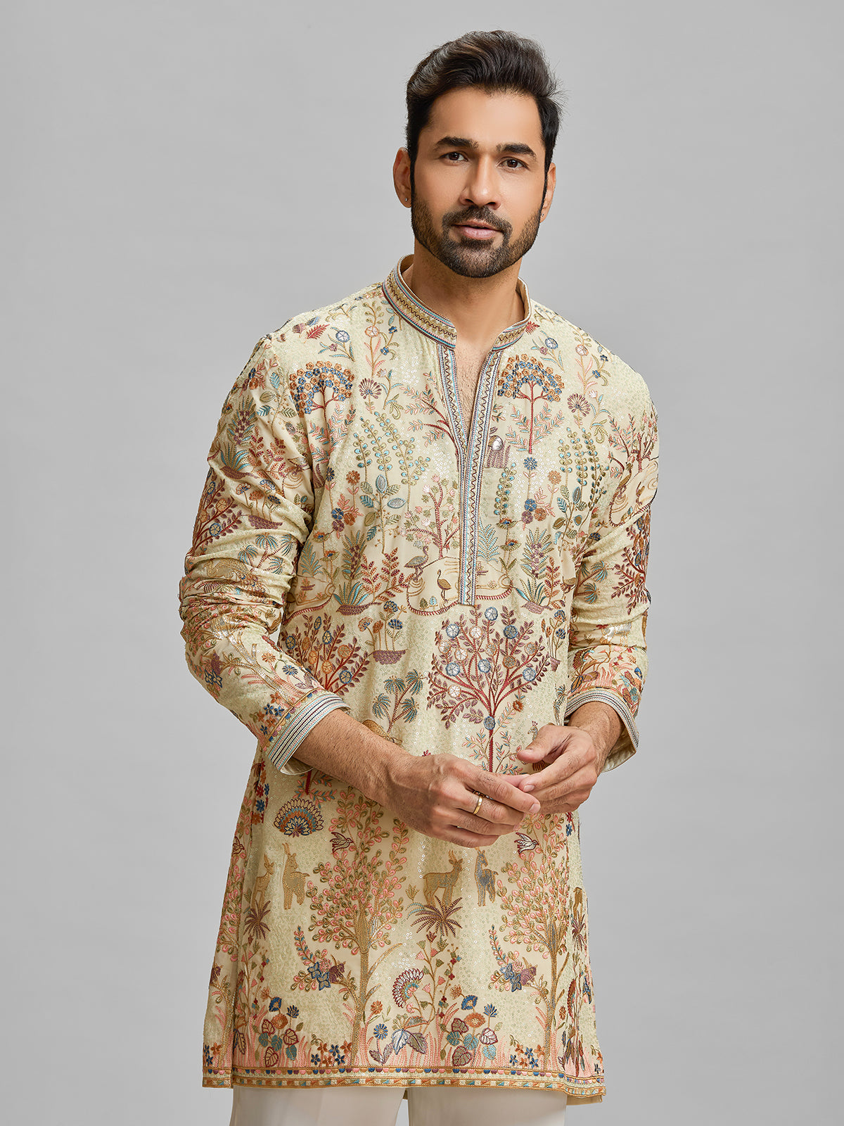 Beige garden theme designer kurta set for gentlemen