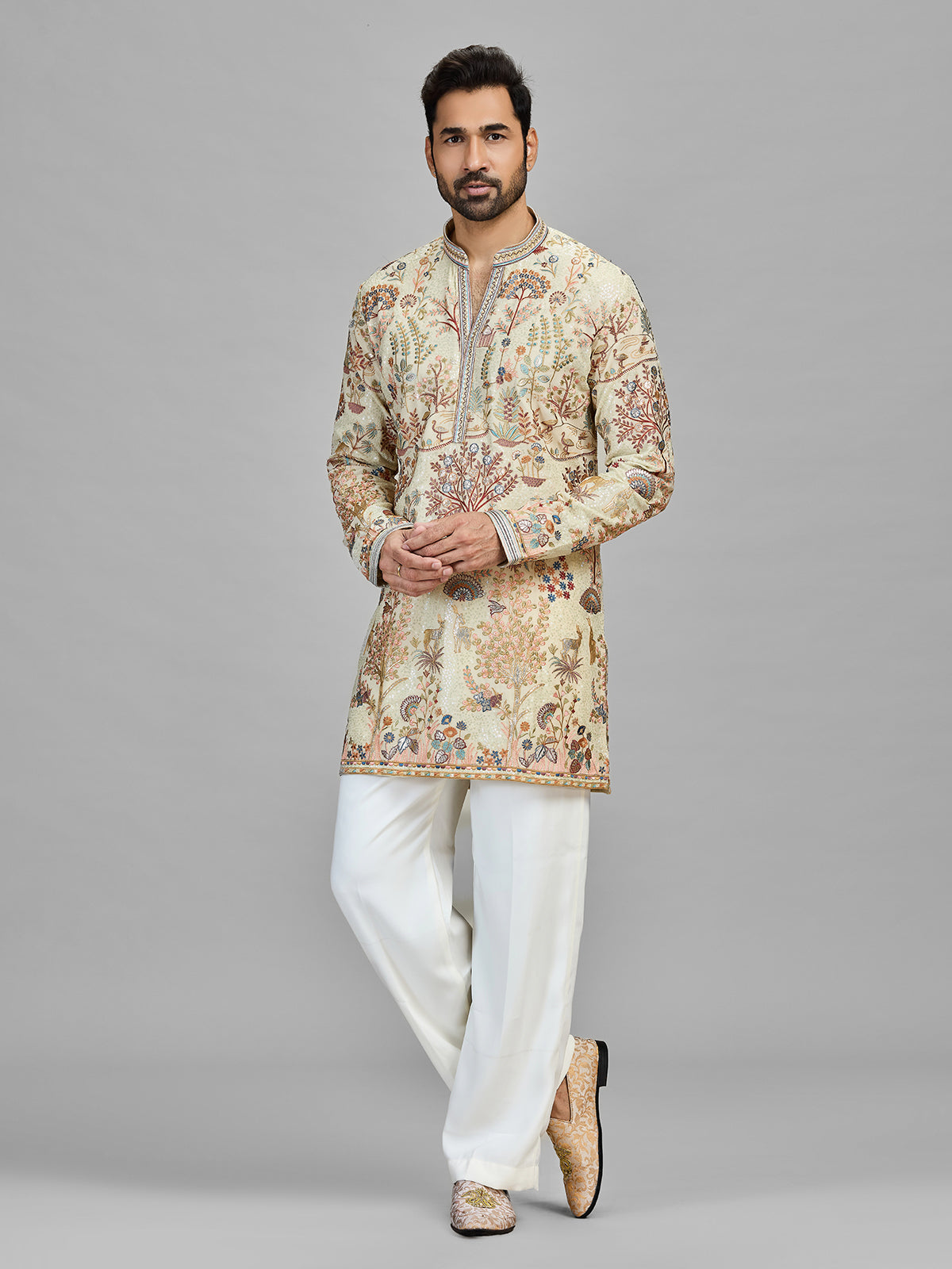 Beige garden theme designer kurta set for gentlemen