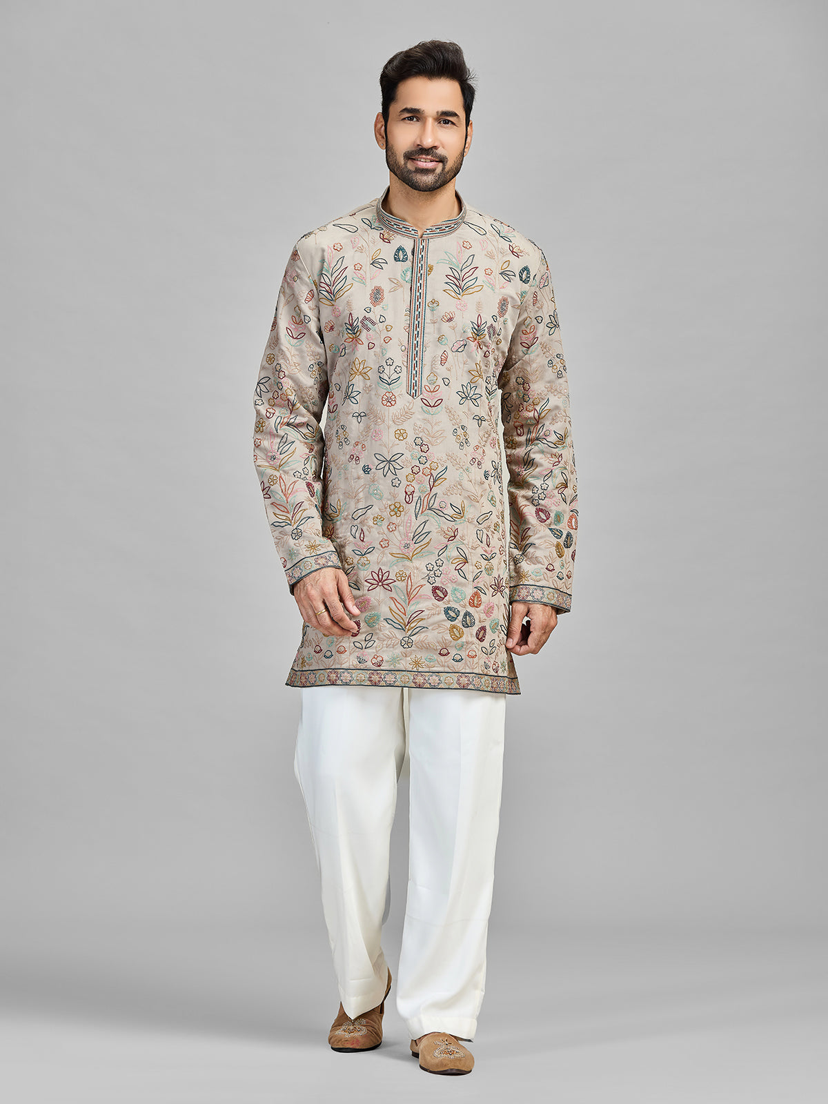 Grey silk sequinned festive couture ensemble