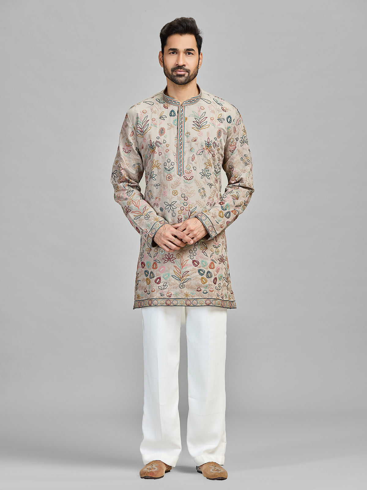 Grey silk sequinned festive couture ensemble
