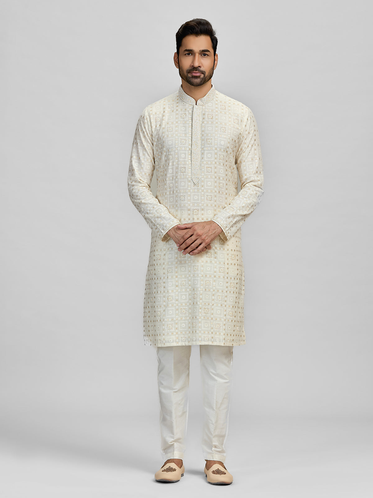 Cream banarasi chanderi embellished kurta suit