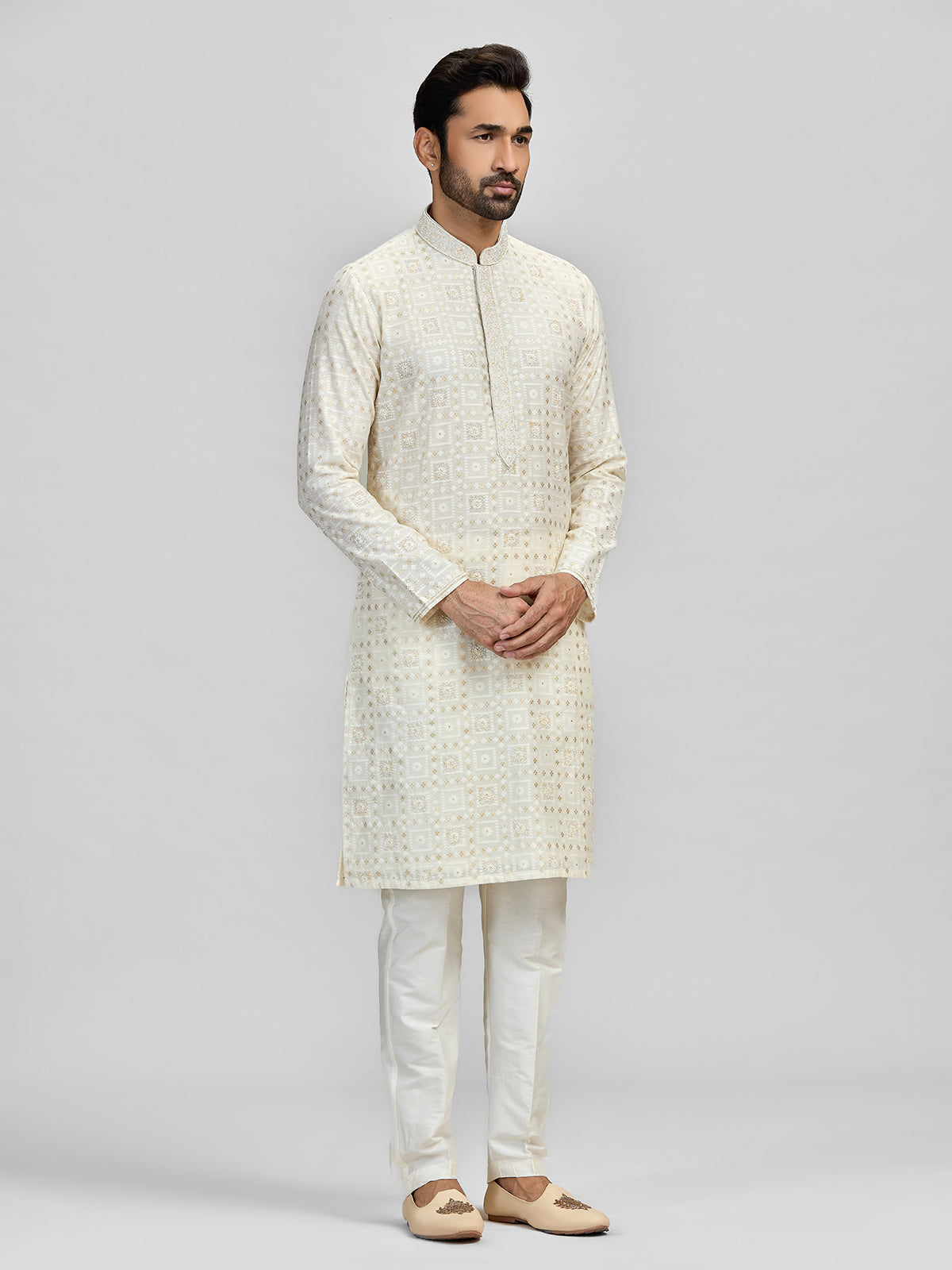 Cream banarasi chanderi embellished kurta suit