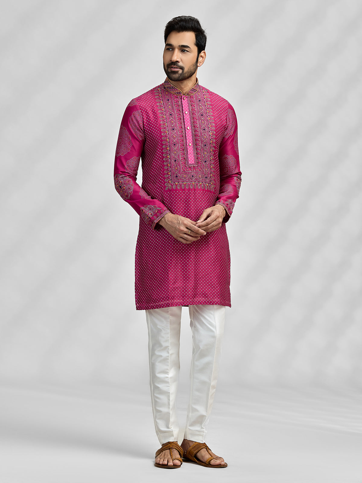 Magenta silk bandhani embroidered festive kurta suit