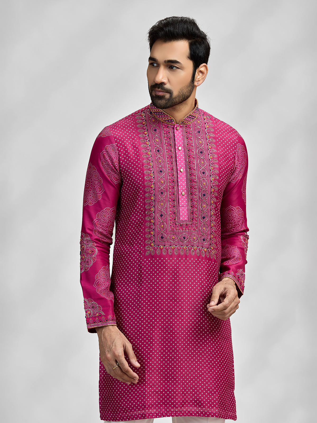 Magenta silk bandhani embroidered festive kurta suit