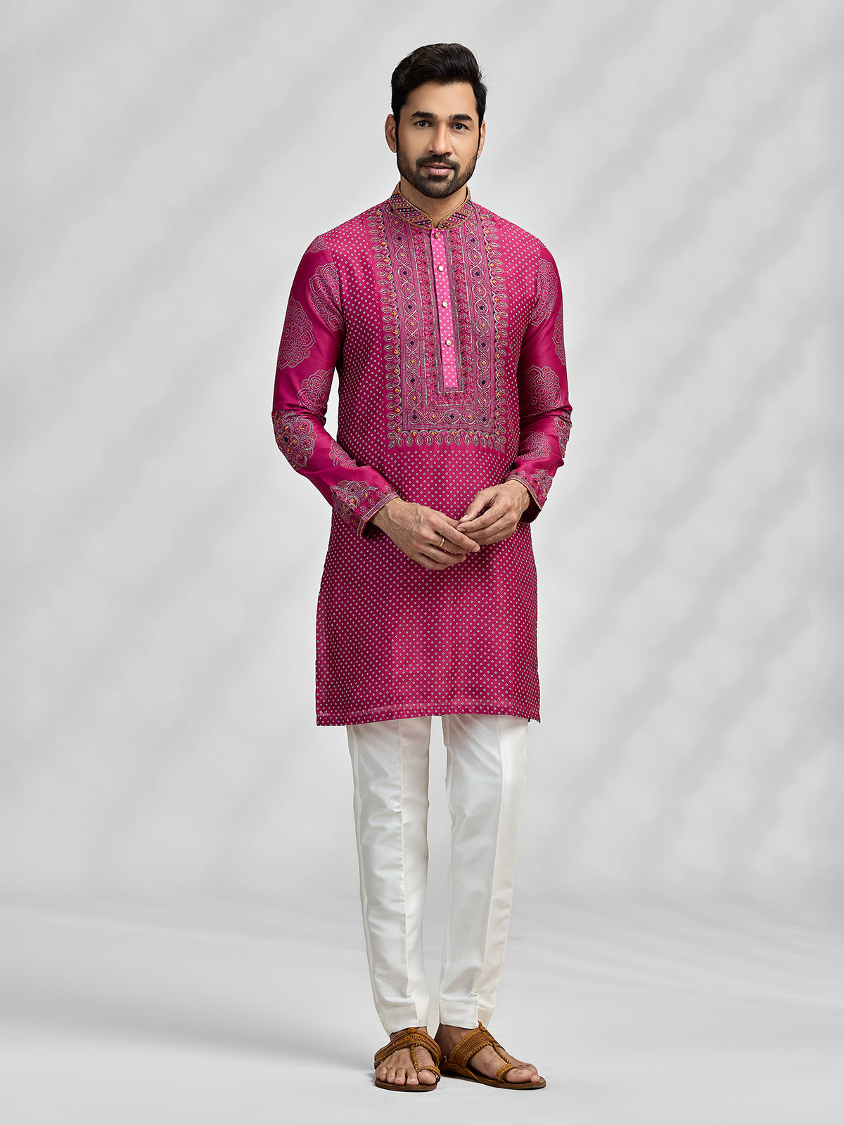 Magenta silk bandhani embroidered festive kurta suit