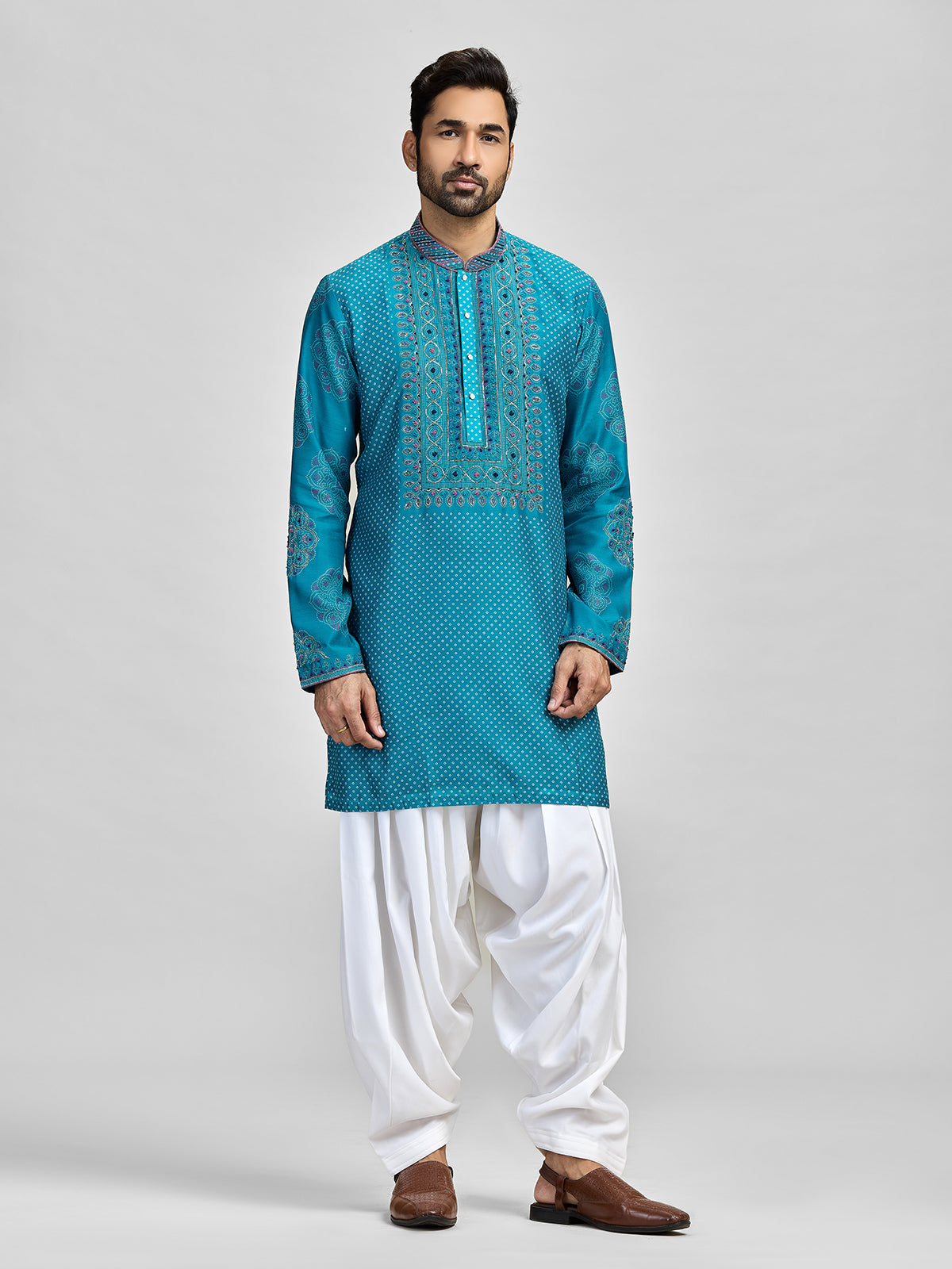 Blue silk bandhani salwar embroidered celebration ensemble
