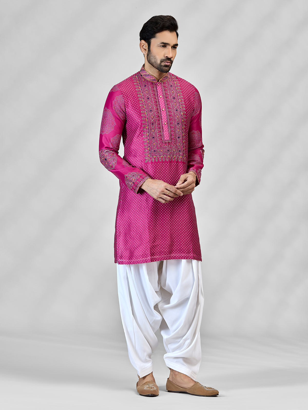 Magenta pink silk bandhani artistic celebration attire