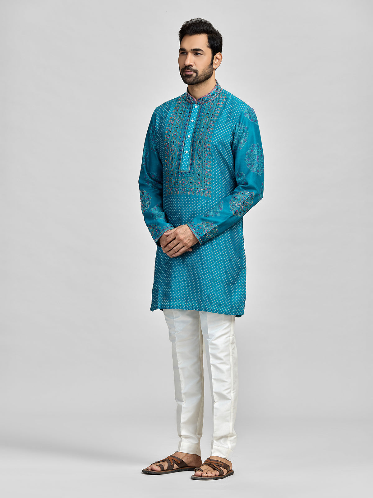 Blue silk bandhani embroidered festive kurta suit