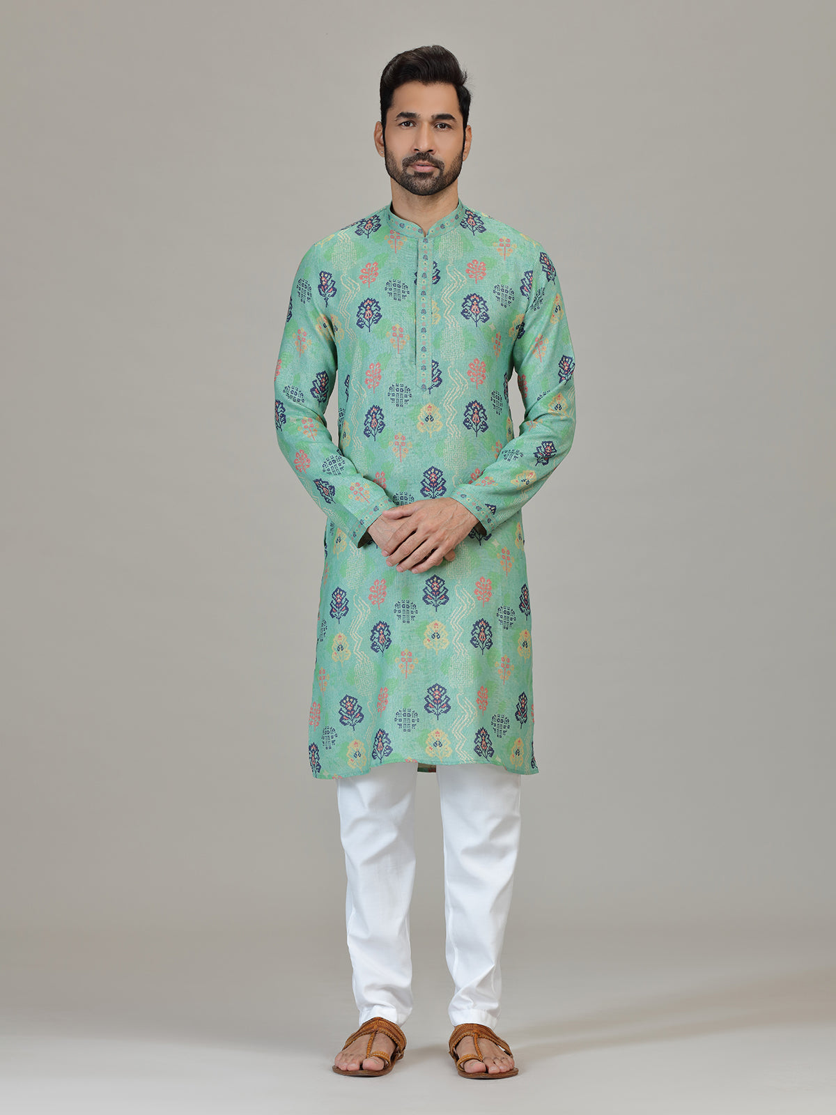 Mint blue cotton linen vibrant printed kurta suit