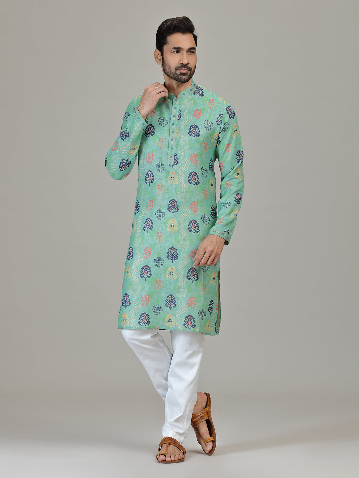Mint blue cotton linen vibrant printed kurta suit