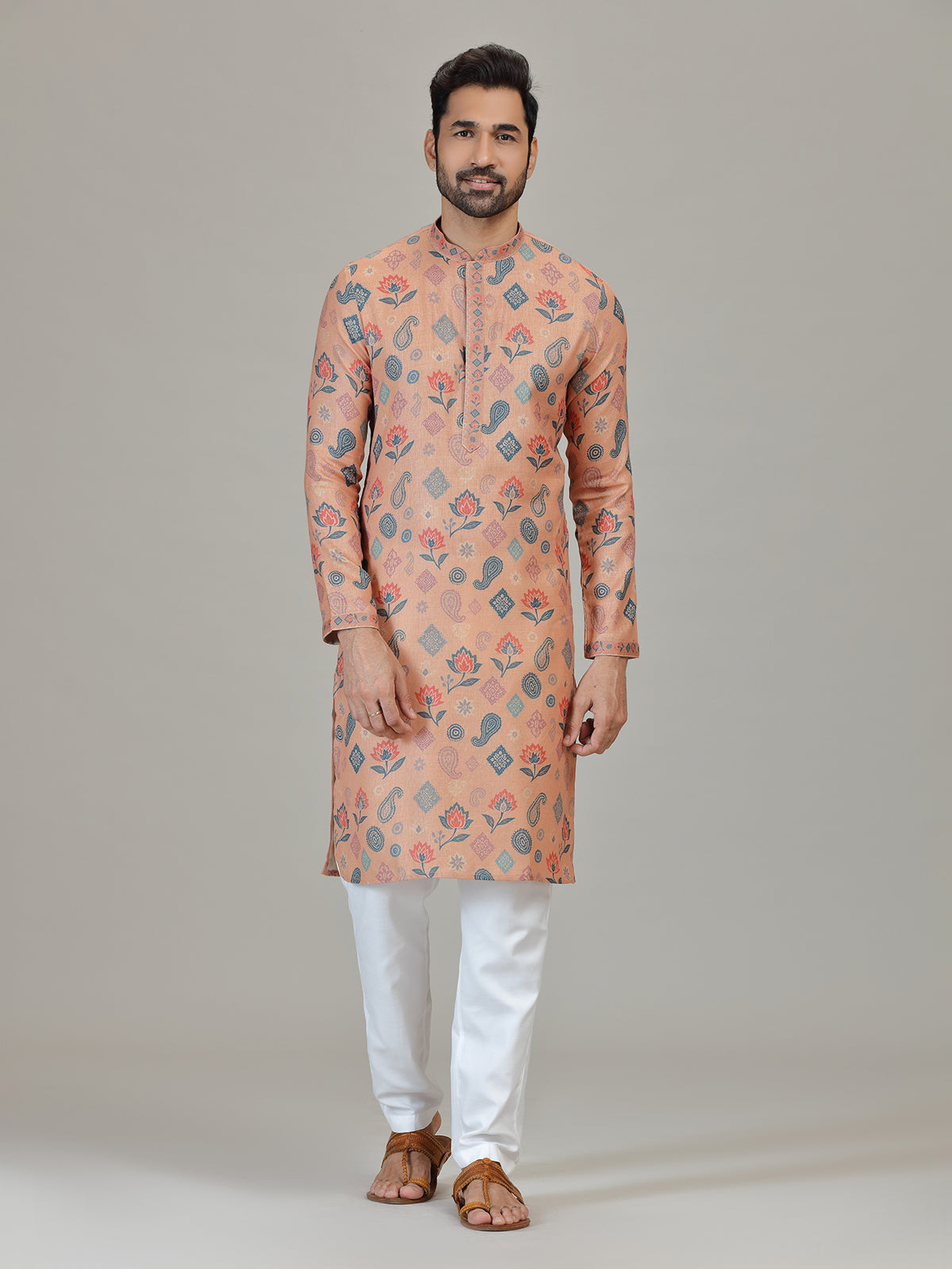 Peach cotton linen paisley floral festive attire