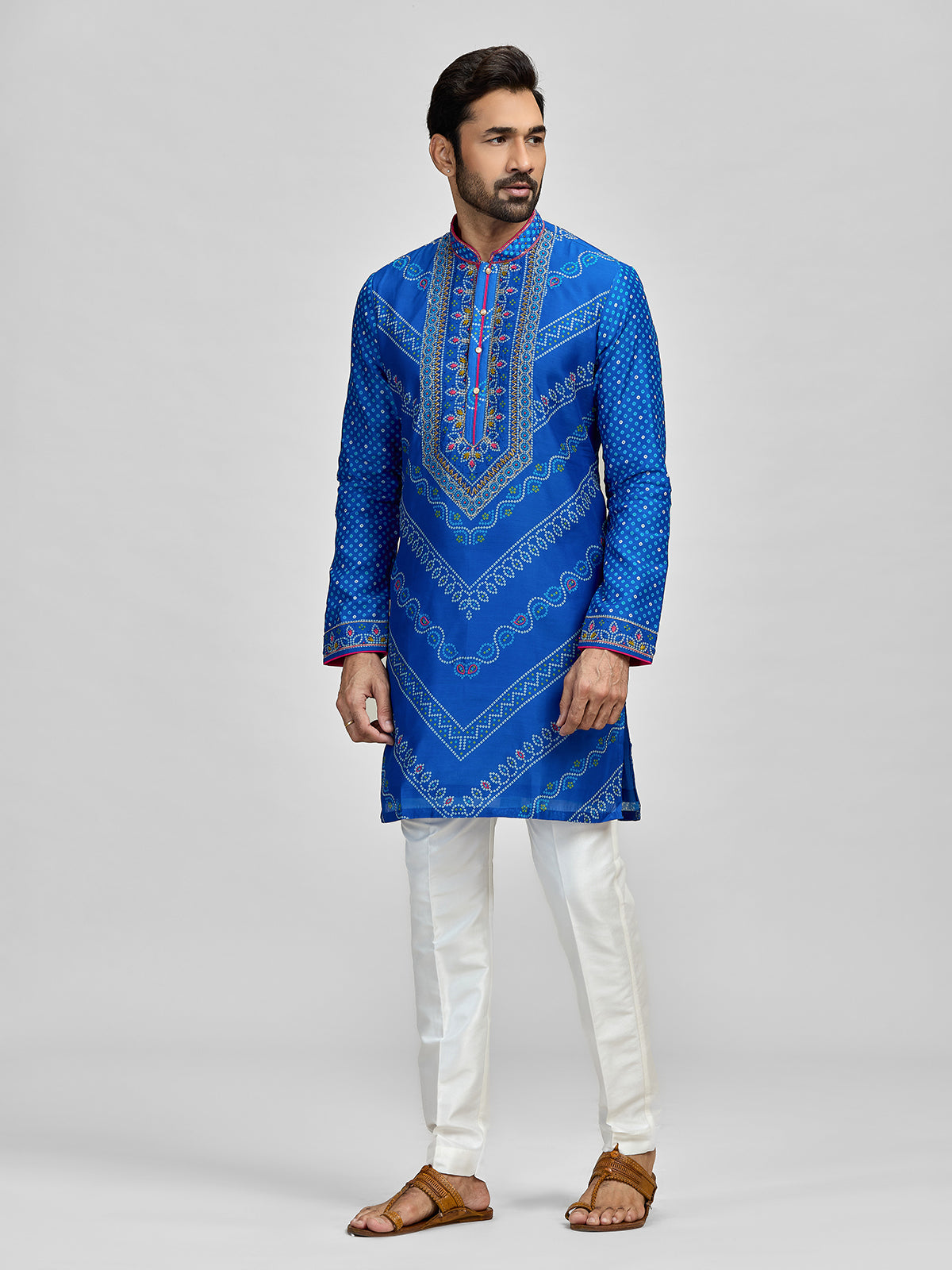 Blue silk bandhani aari and pitta kurta set