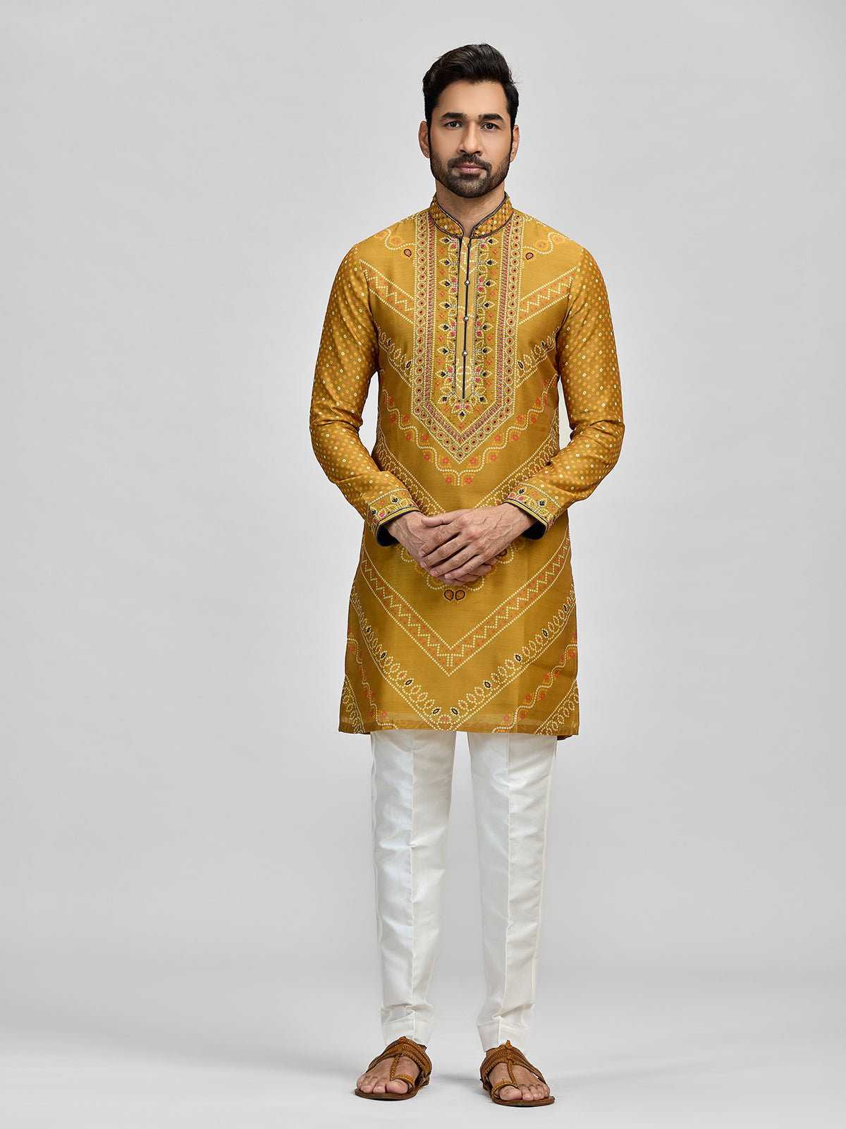 Yellow silk haldi bandhani embroidered kurta ensemble