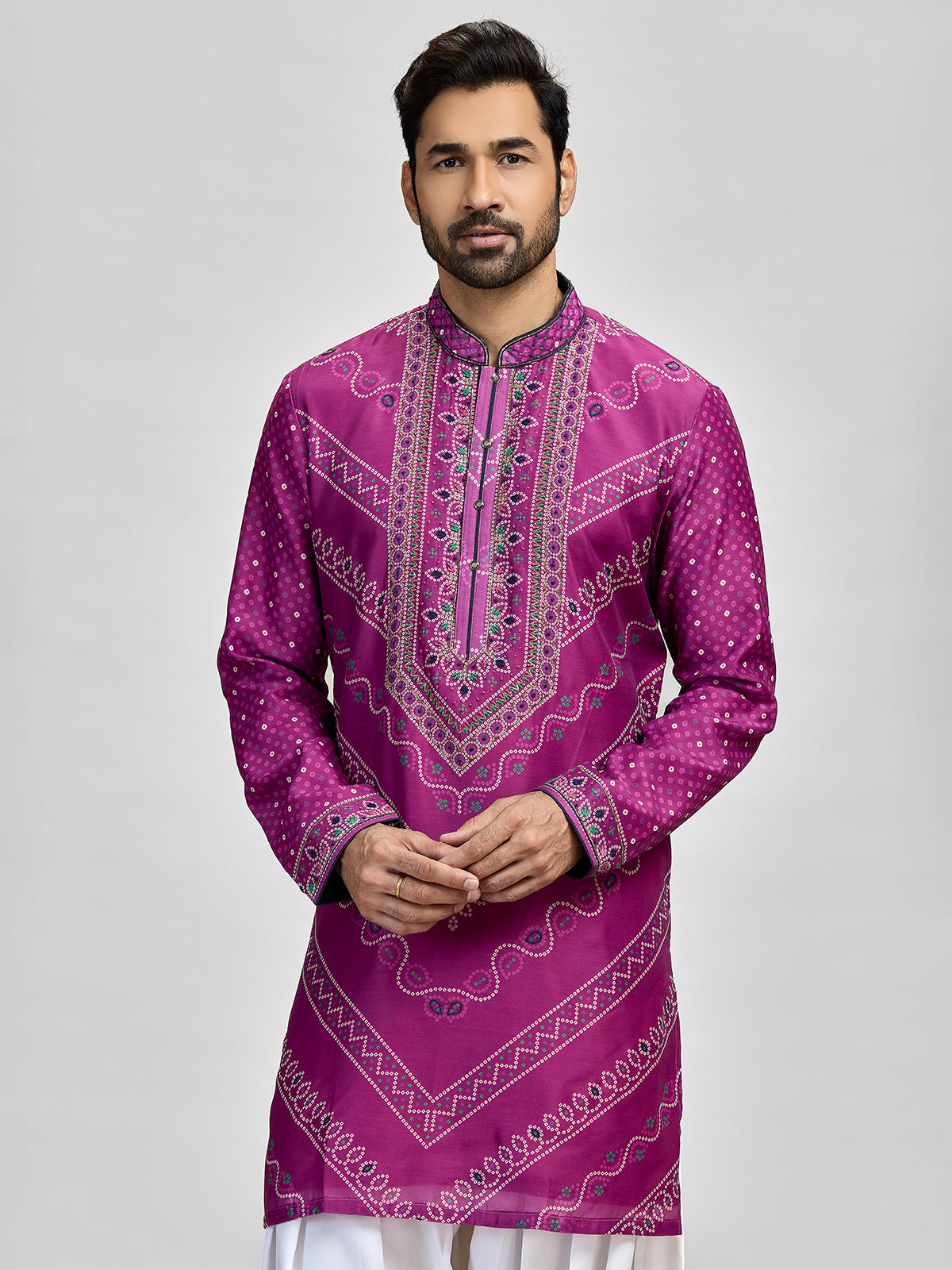 Purple silk bandhani aari salwar celebration kurta suit