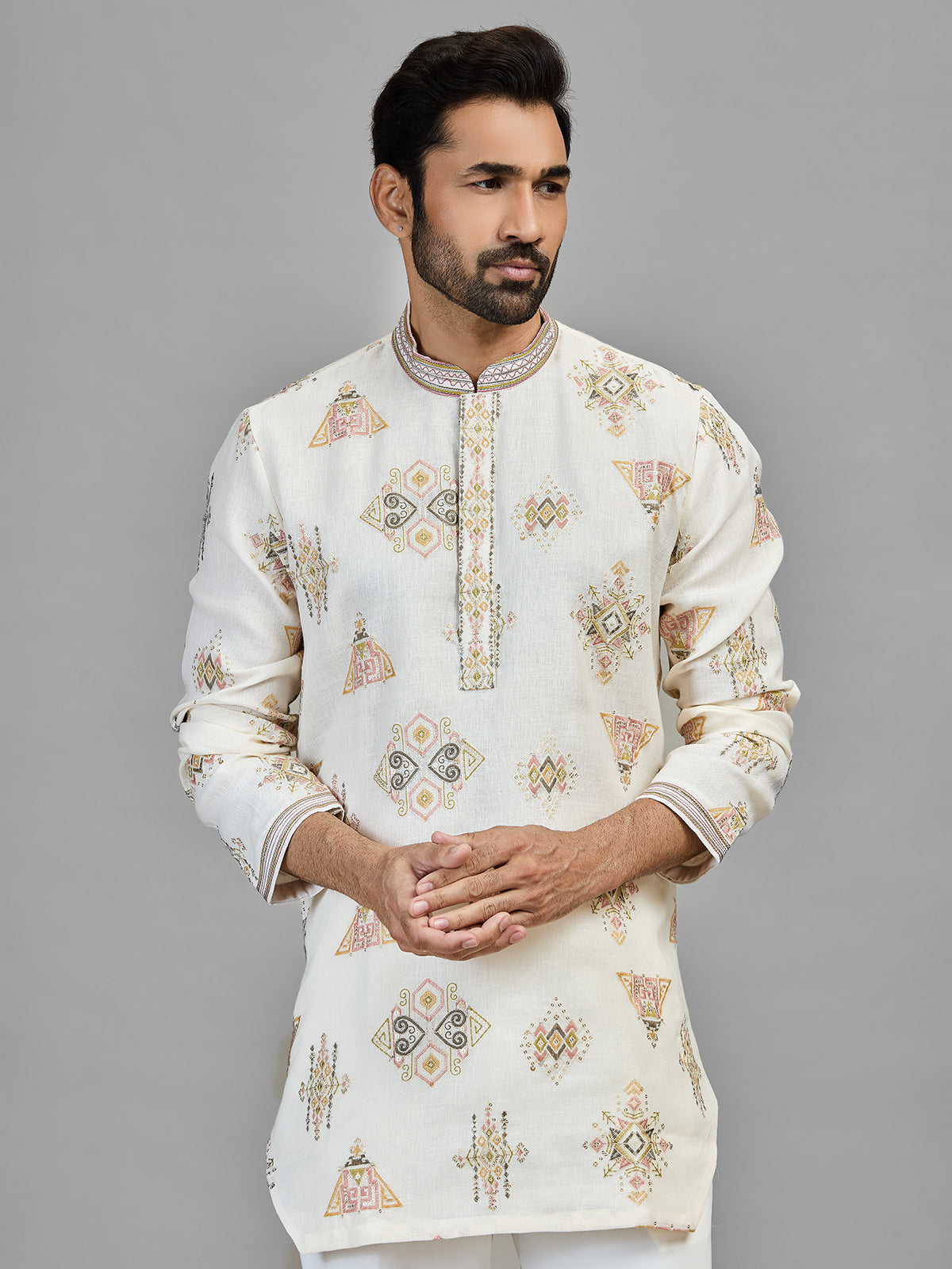 Ivory linen cotton embroidered festive kurta set