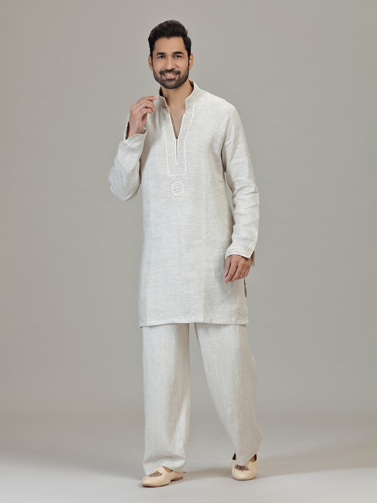 Cream linen resham embellished festive kurta ensemble
