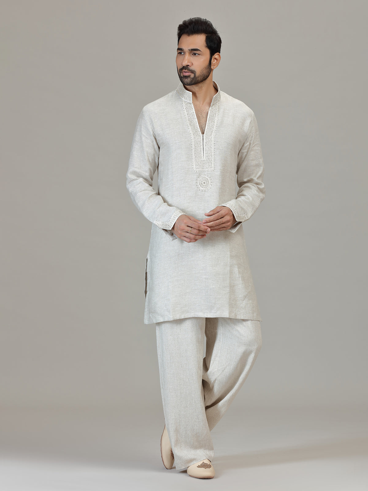 Cream linen resham embellished festive kurta ensemble