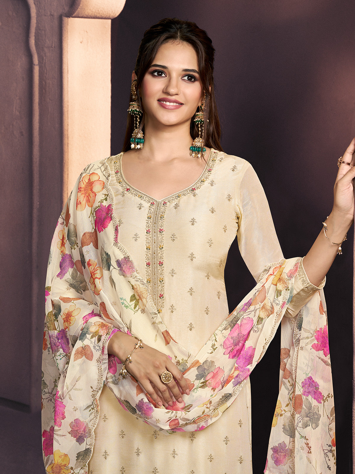 Cream silk floral festive pant ensemble