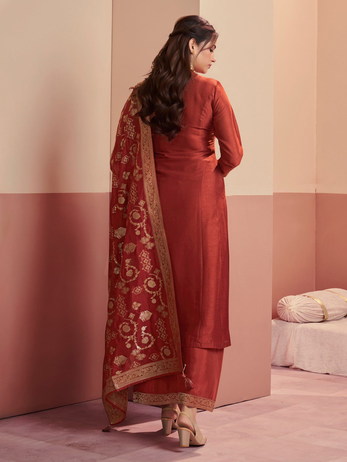 Rust brown heritage shimmer palazzo style salwar suit