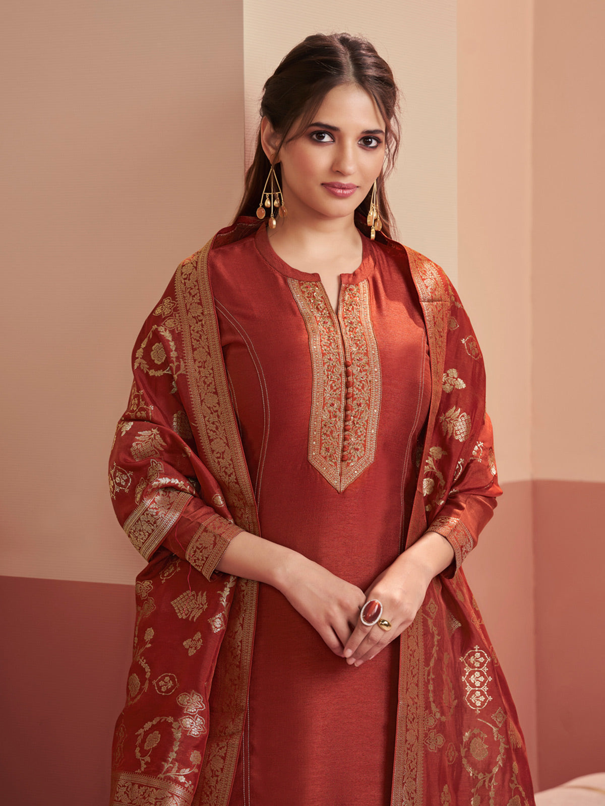 Rust brown heritage shimmer palazzo style salwar suit