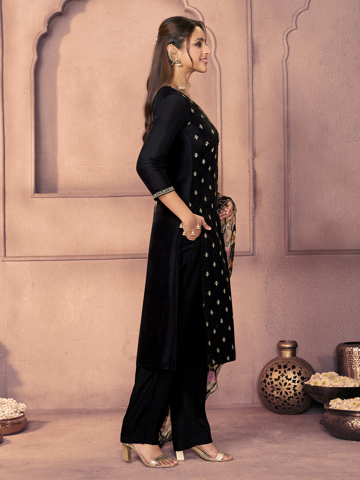 Black festive zari woven pocketed pants