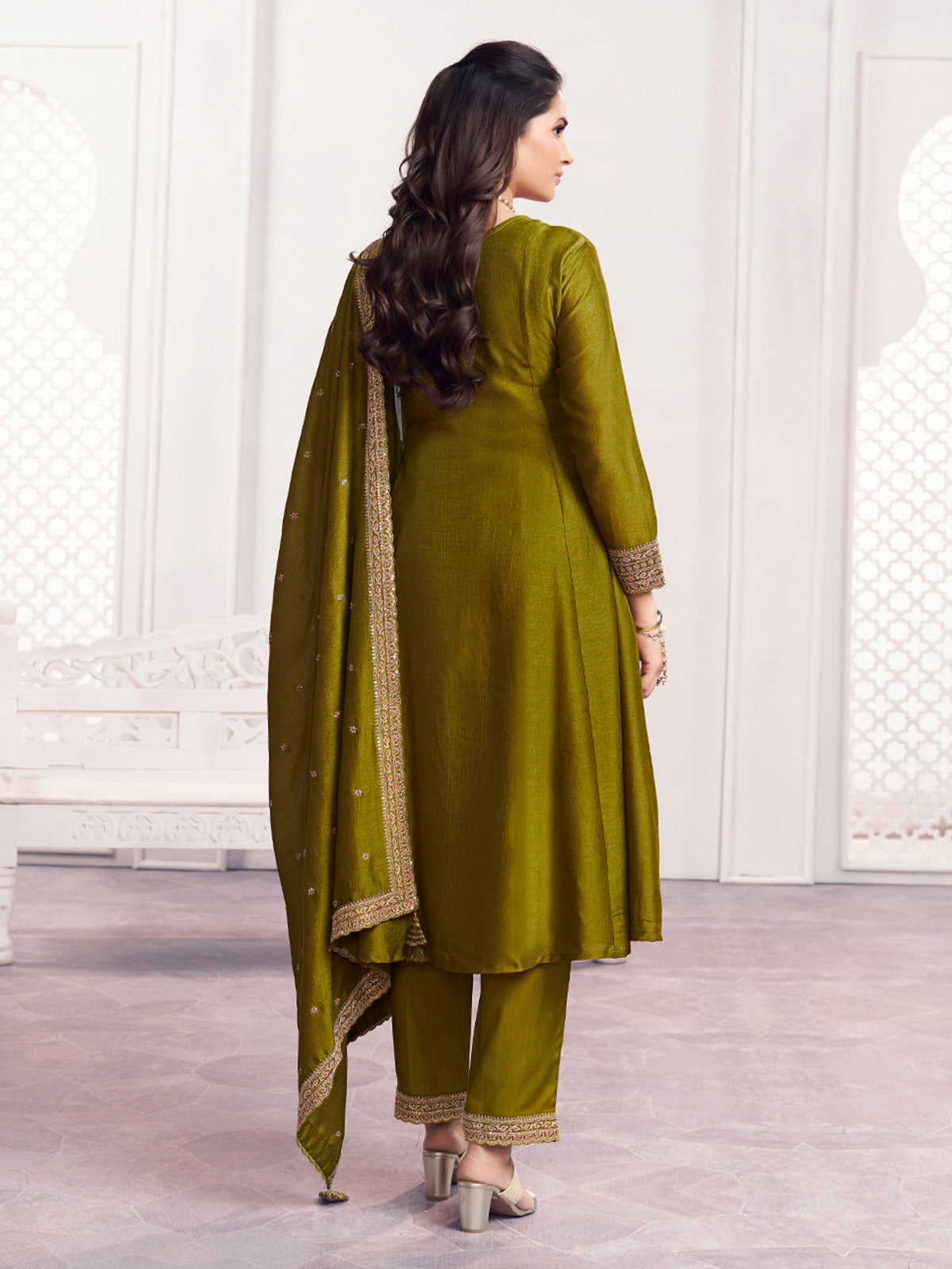 Green festive shimmer chinon anarkali flair