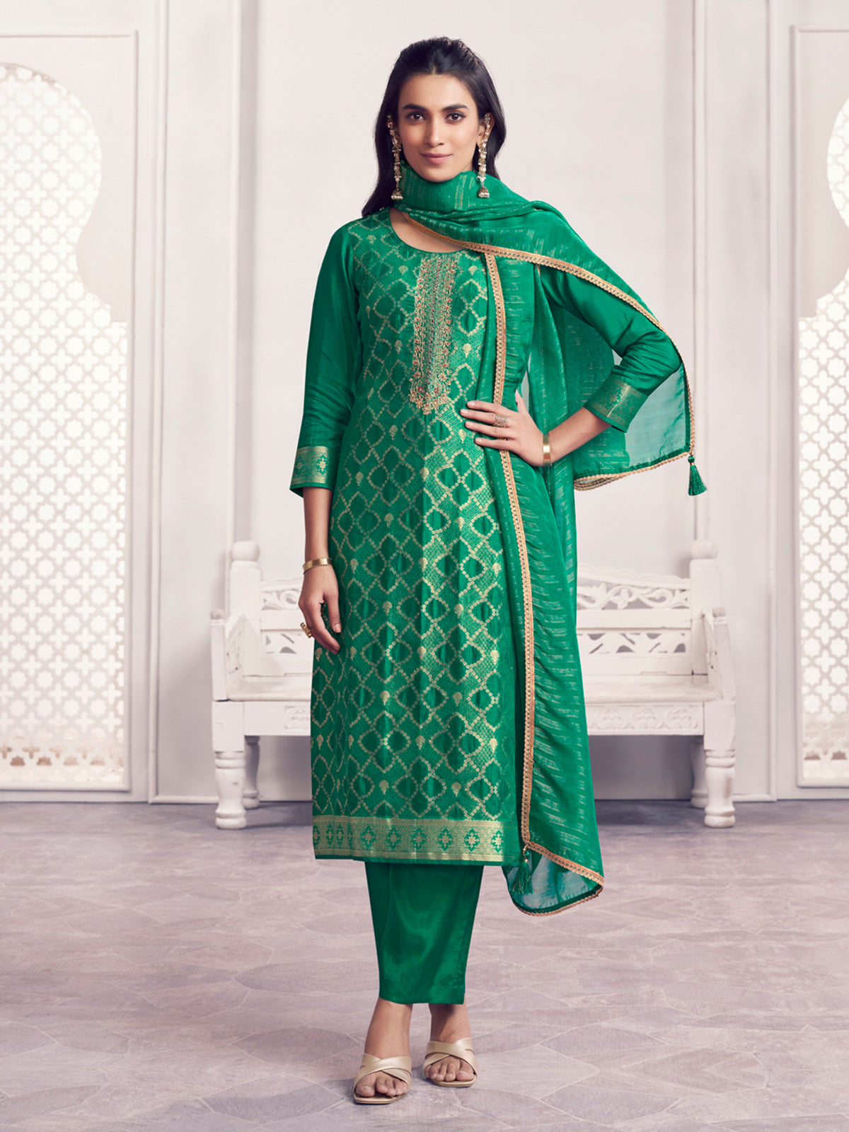 Green geometric zari silk festive drape salwar suit