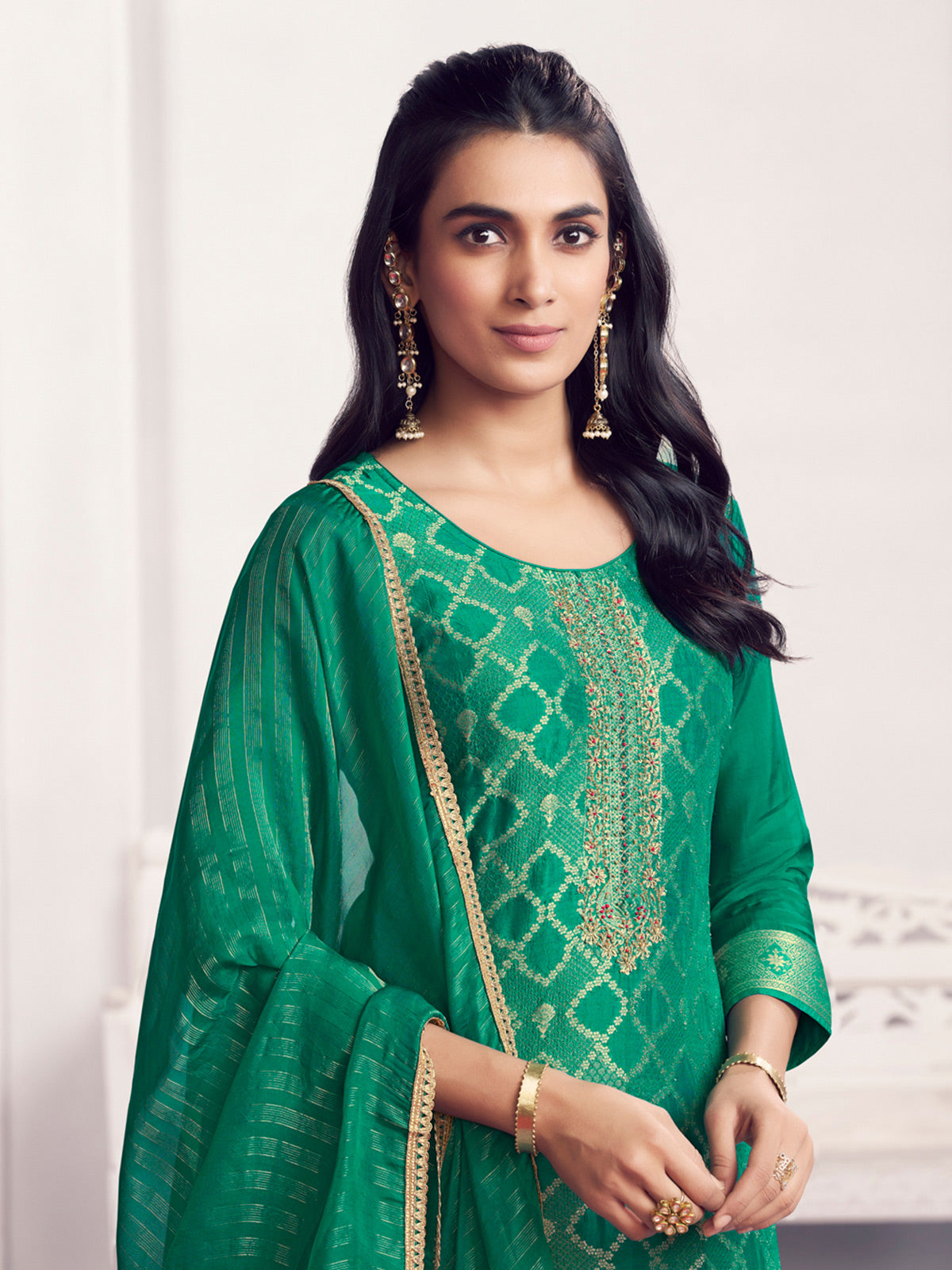Green geometric zari silk festive drape salwar suit