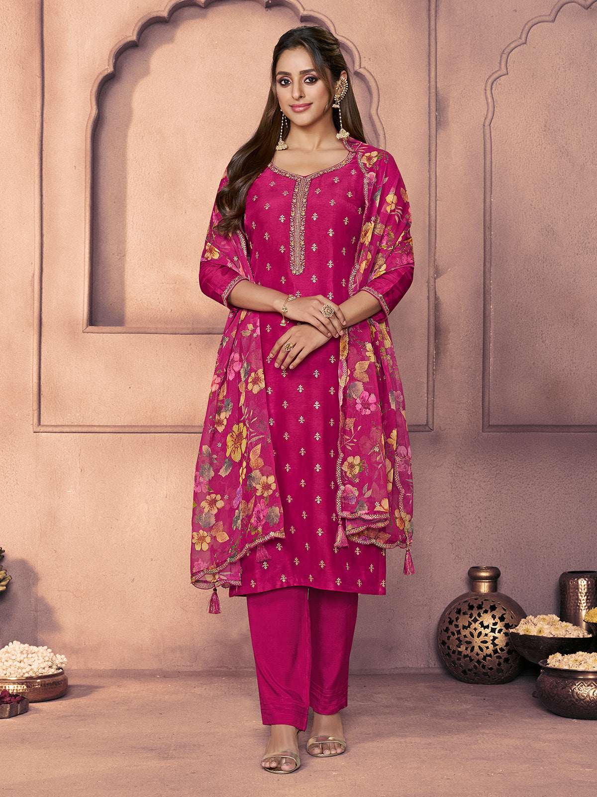 Magenta luminous zari festive pant suit for women