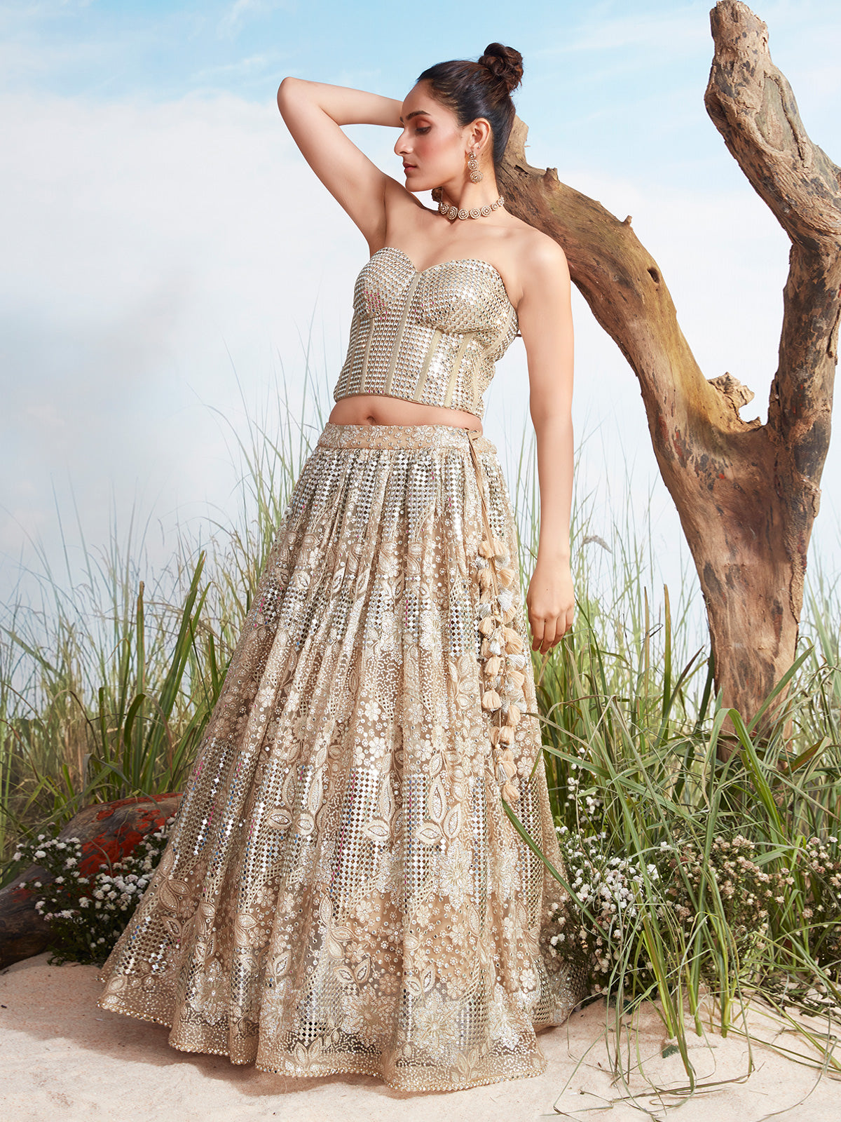 Beige georgette lehenga choli with aabla detailing for women
