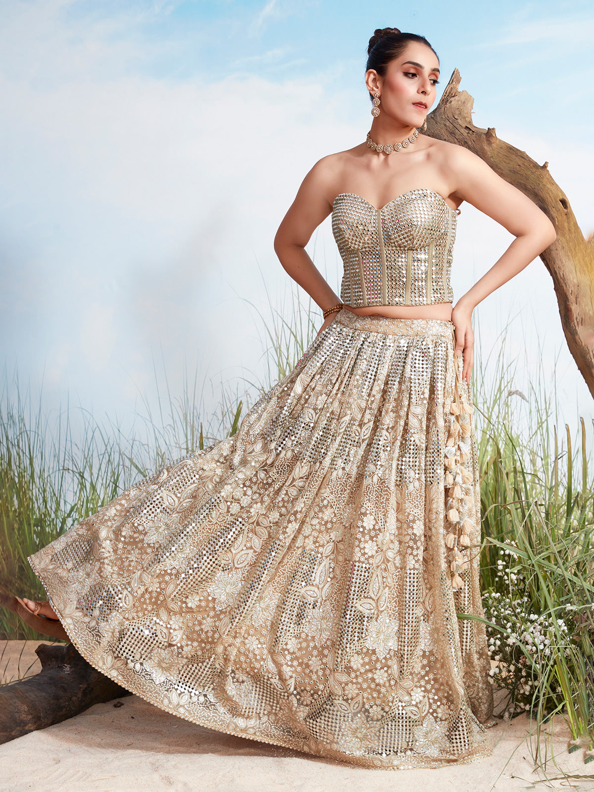 Beige georgette lehenga choli with aabla detailing for women
