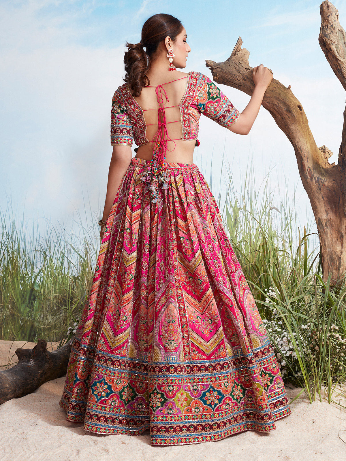 Pink printed wedding wear silk lehenga choli for women