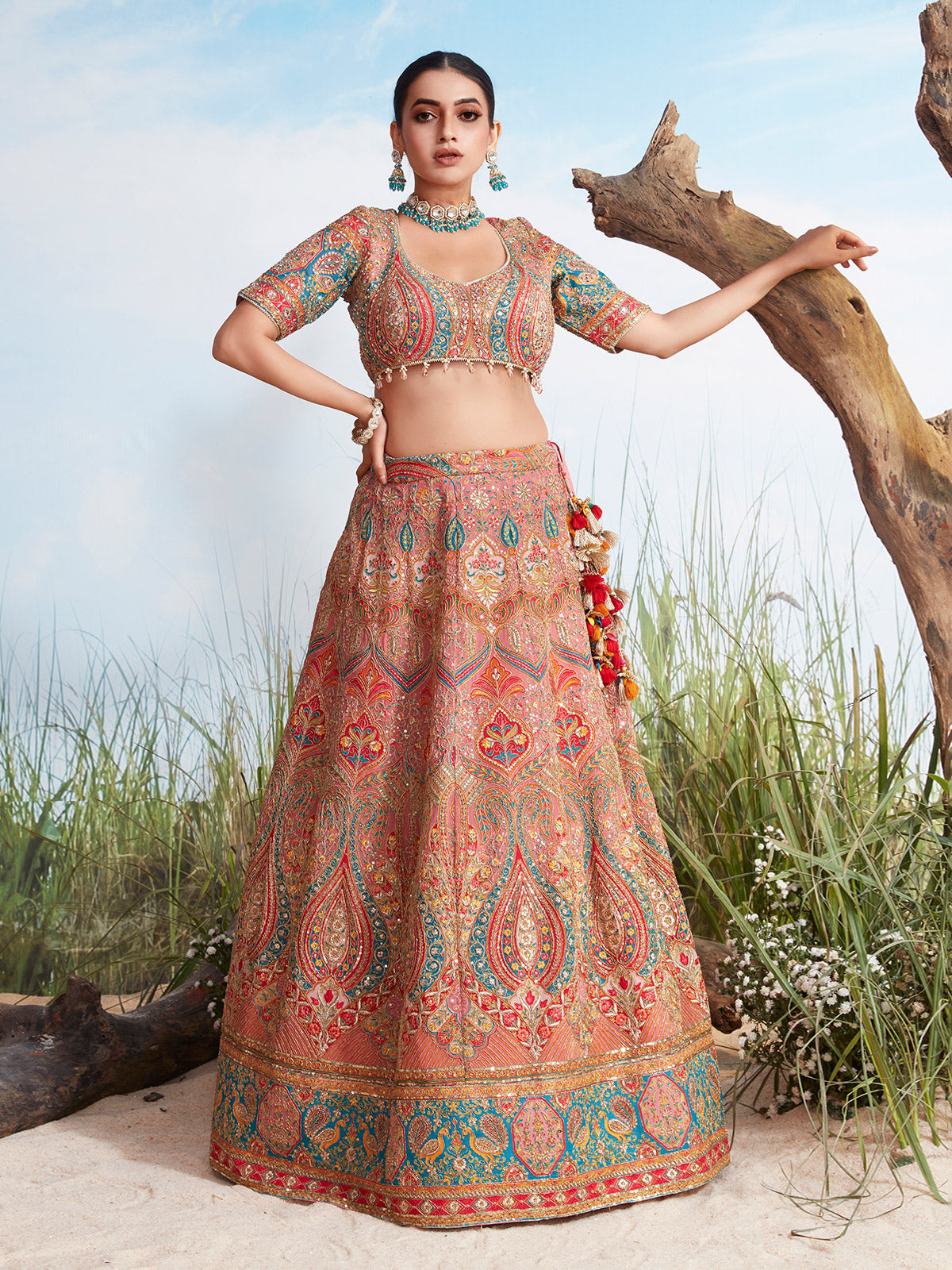 Onion pink resham worked silk lehenga choli for women