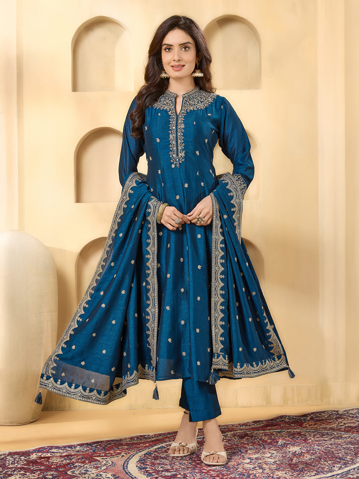Royal blue silk stand collar festive salwar suit for women