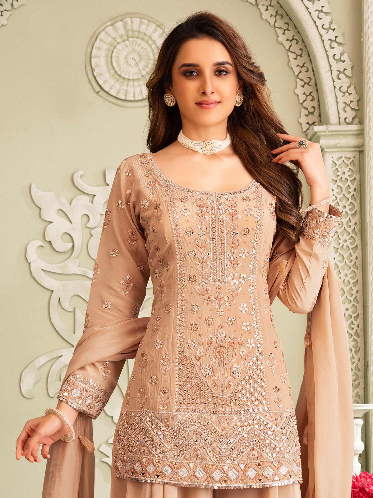 Beige pakistani georgette palazzo suit with aabla work for women
