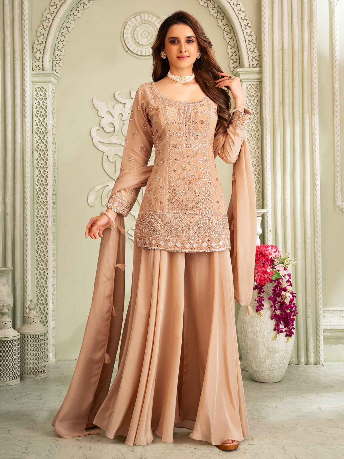 Beige pakistani georgette palazzo suit with aabla work for women