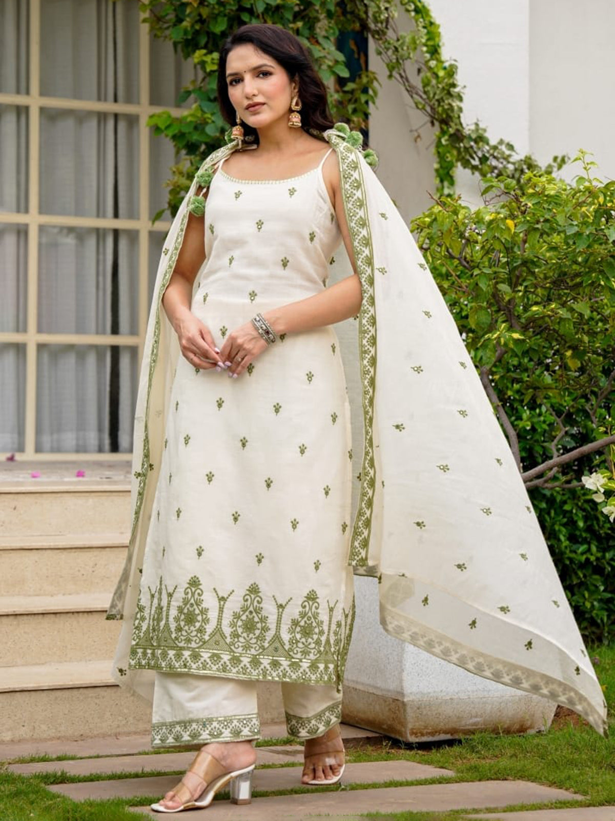 Cream cotton linen green embroidered kurti palazzo set