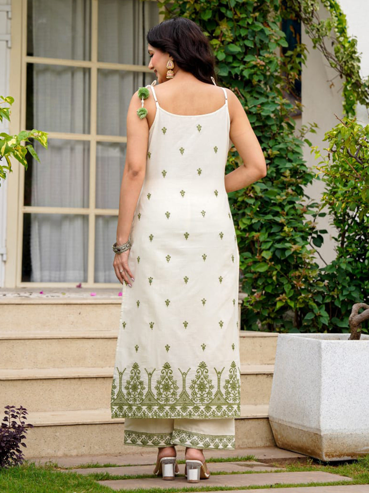 Cream cotton linen green embroidered kurti palazzo set
