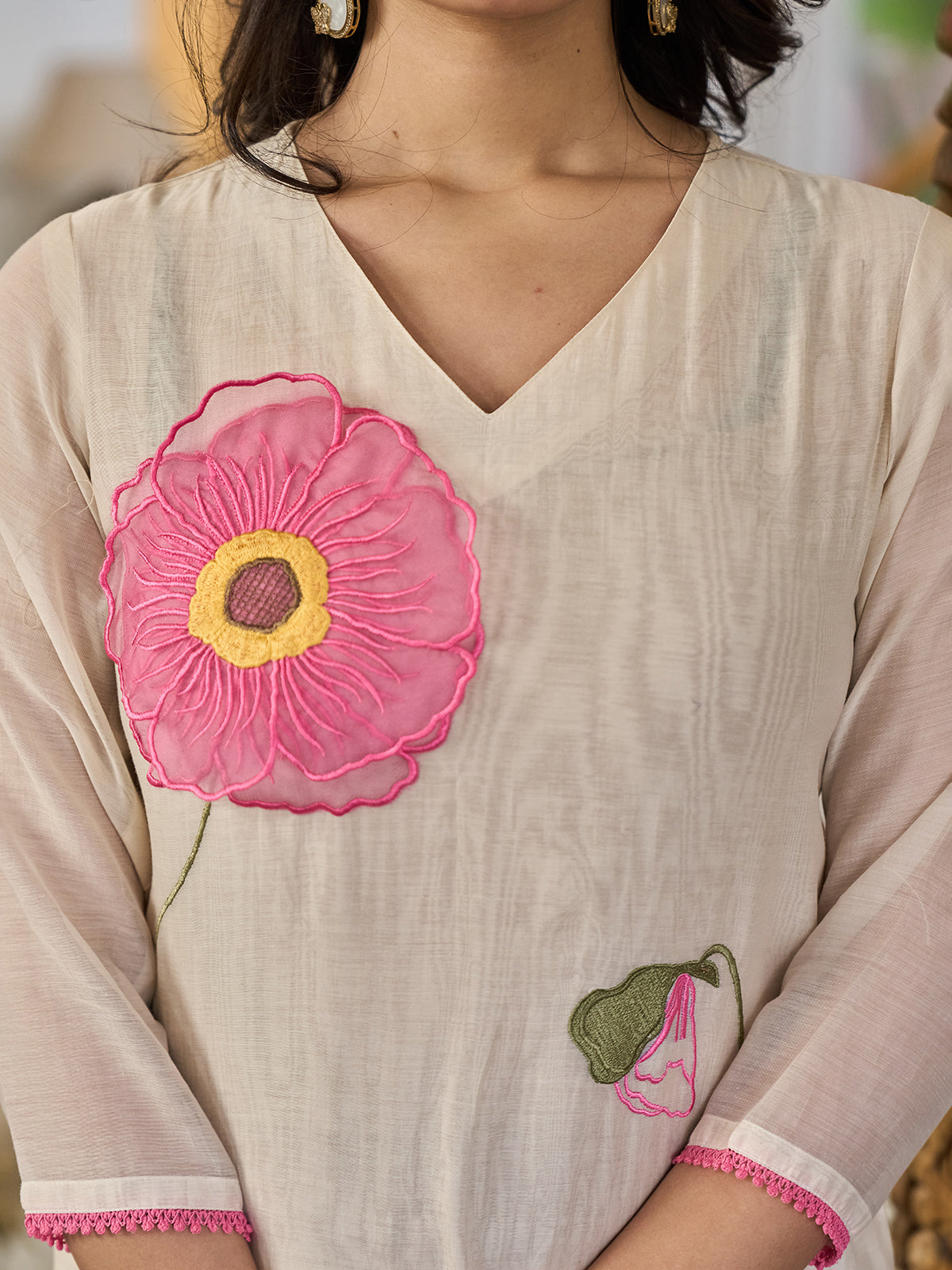 Beige cotton linen patch work kurti set