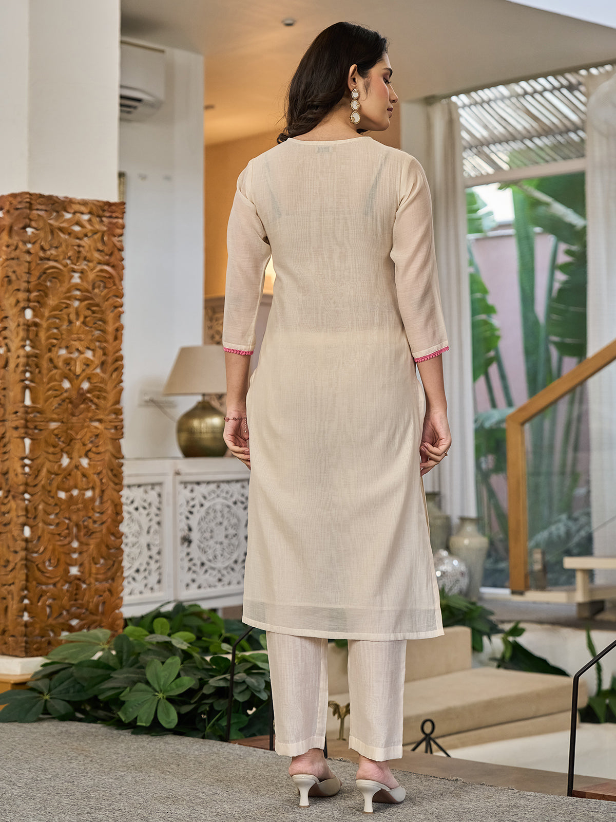 Beige cotton linen patch work kurti set