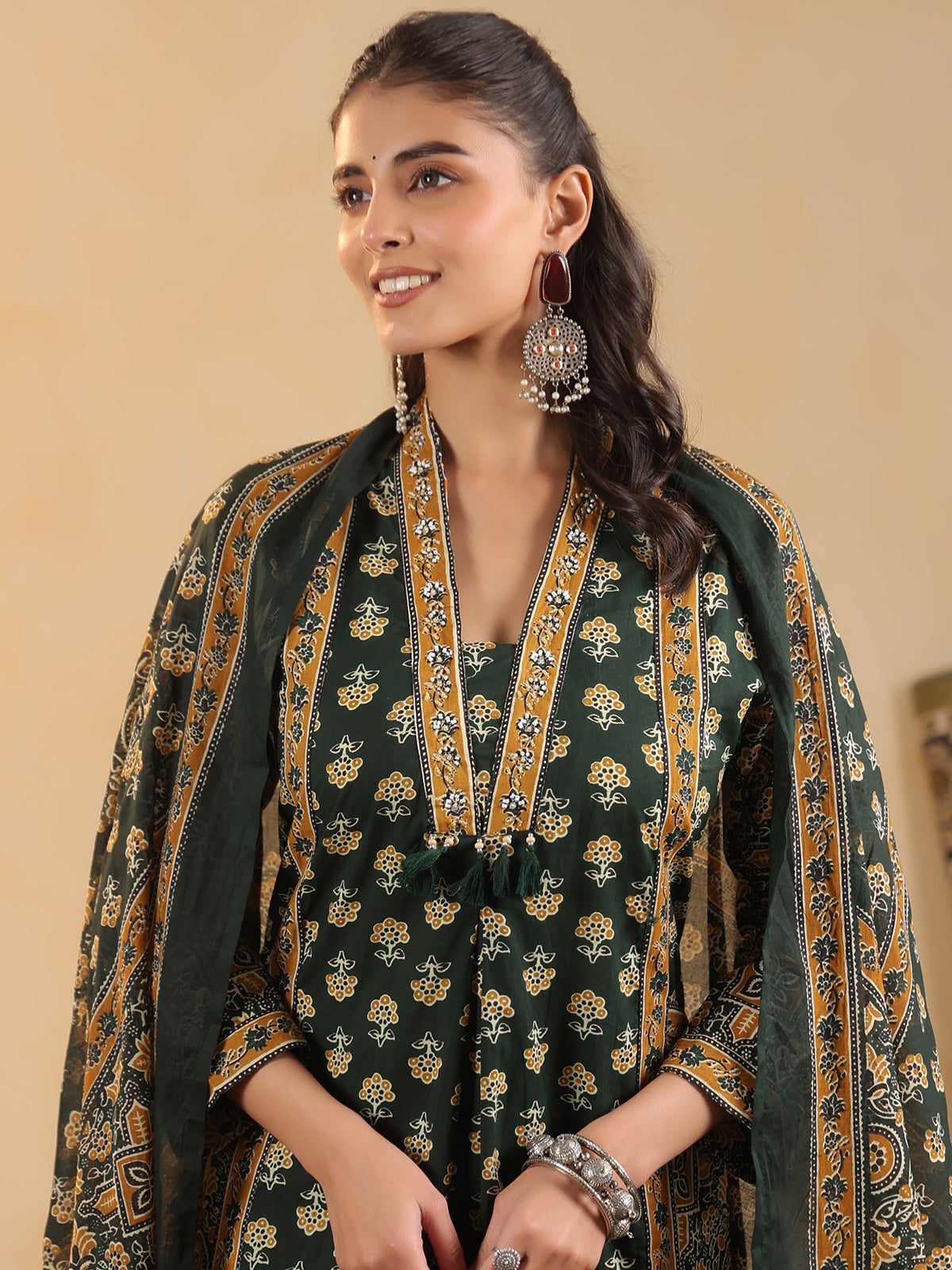 Green cotton silk ajrakh printed kurti pant set